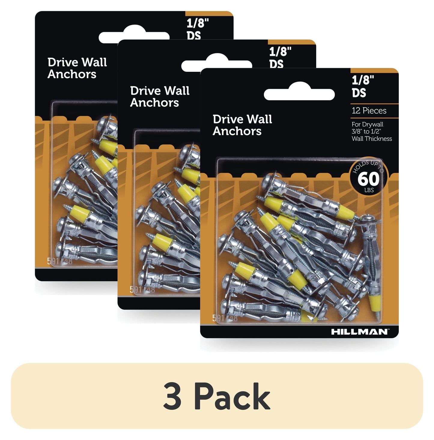 Hillman Drywall Anchor Screws, 1/8" x DS, Steel, Zinc, Corrosion Resistant, 60 lbs, Silver, 12 sets