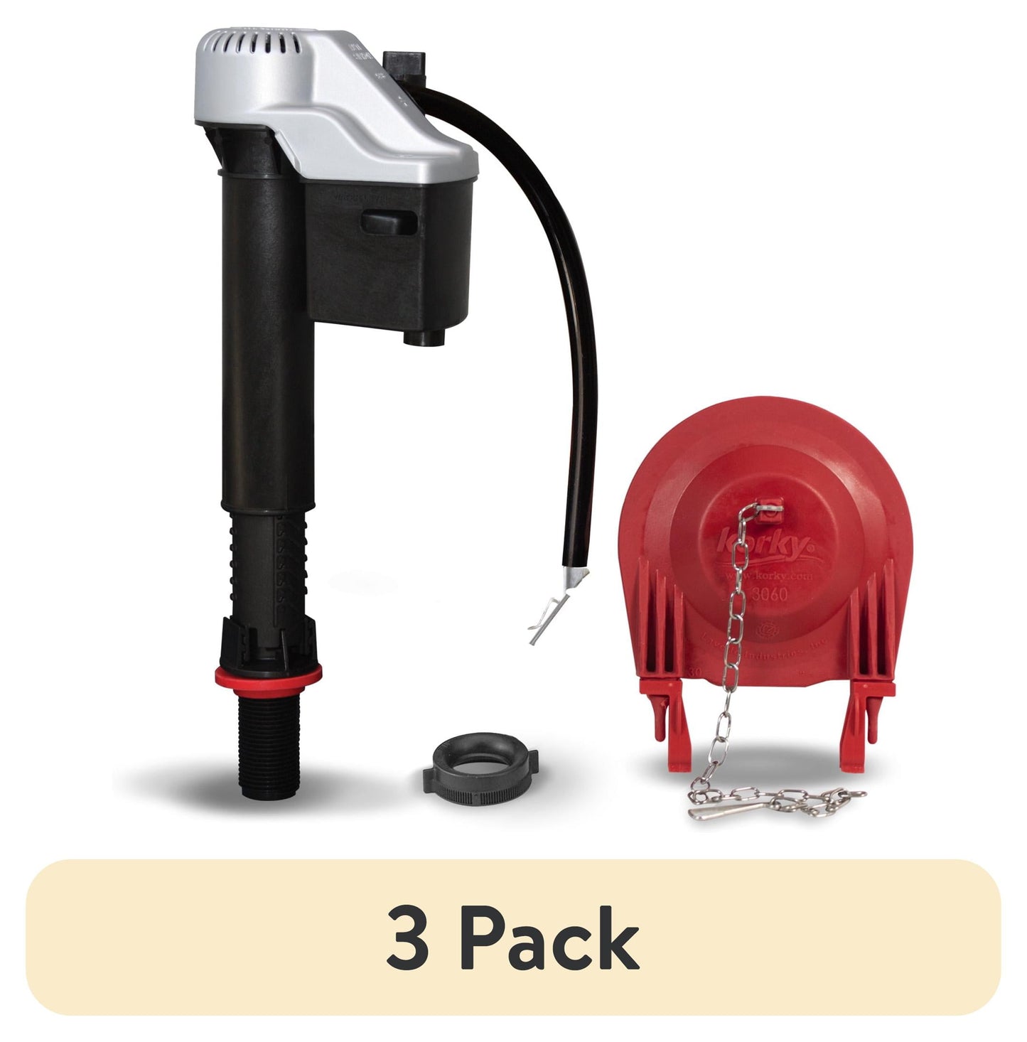 (3 pack) Korky QuietFILL® Platinum Toilet Fill Valve & Large 3" Toilet Flapper Kit - Long Lasting Rubber, 830MP