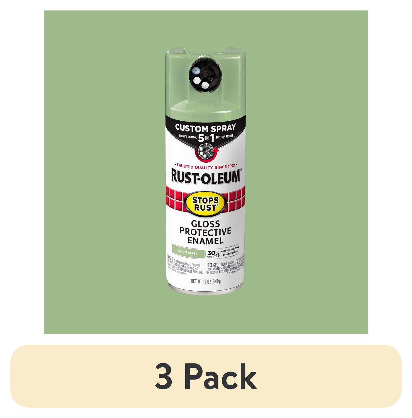 (3 pack) Laurel Green, Rust-Oleum Stops Rust Custom Sprays 5 in 1 Gloss Spray Paint-384753, 12 oz