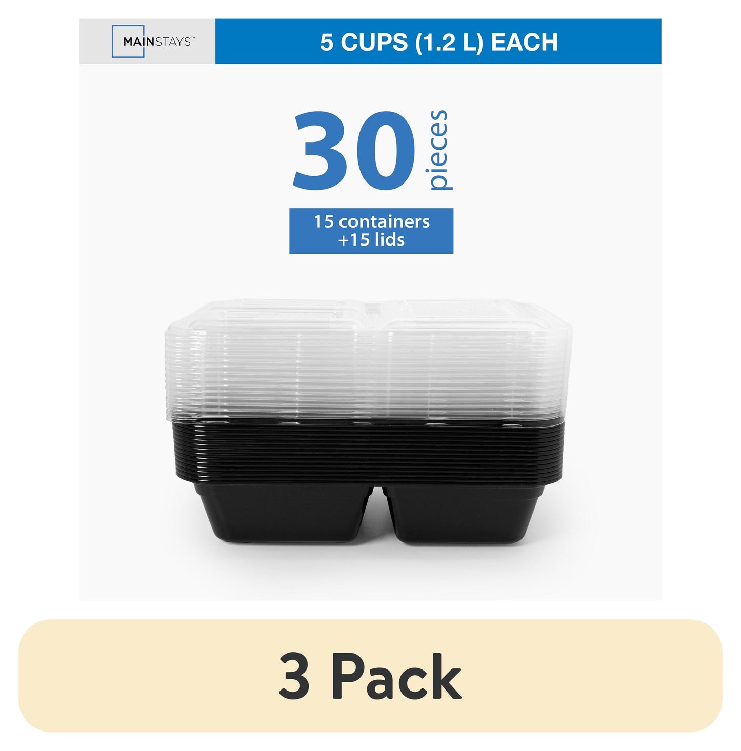 (3 pack) Mainstays 30-Piece (15 Containers + 15 Lids) with 3 Compartments Meal Prep, BPA-Free , Leak-Resistant, Microwave and Dishwasher Safe