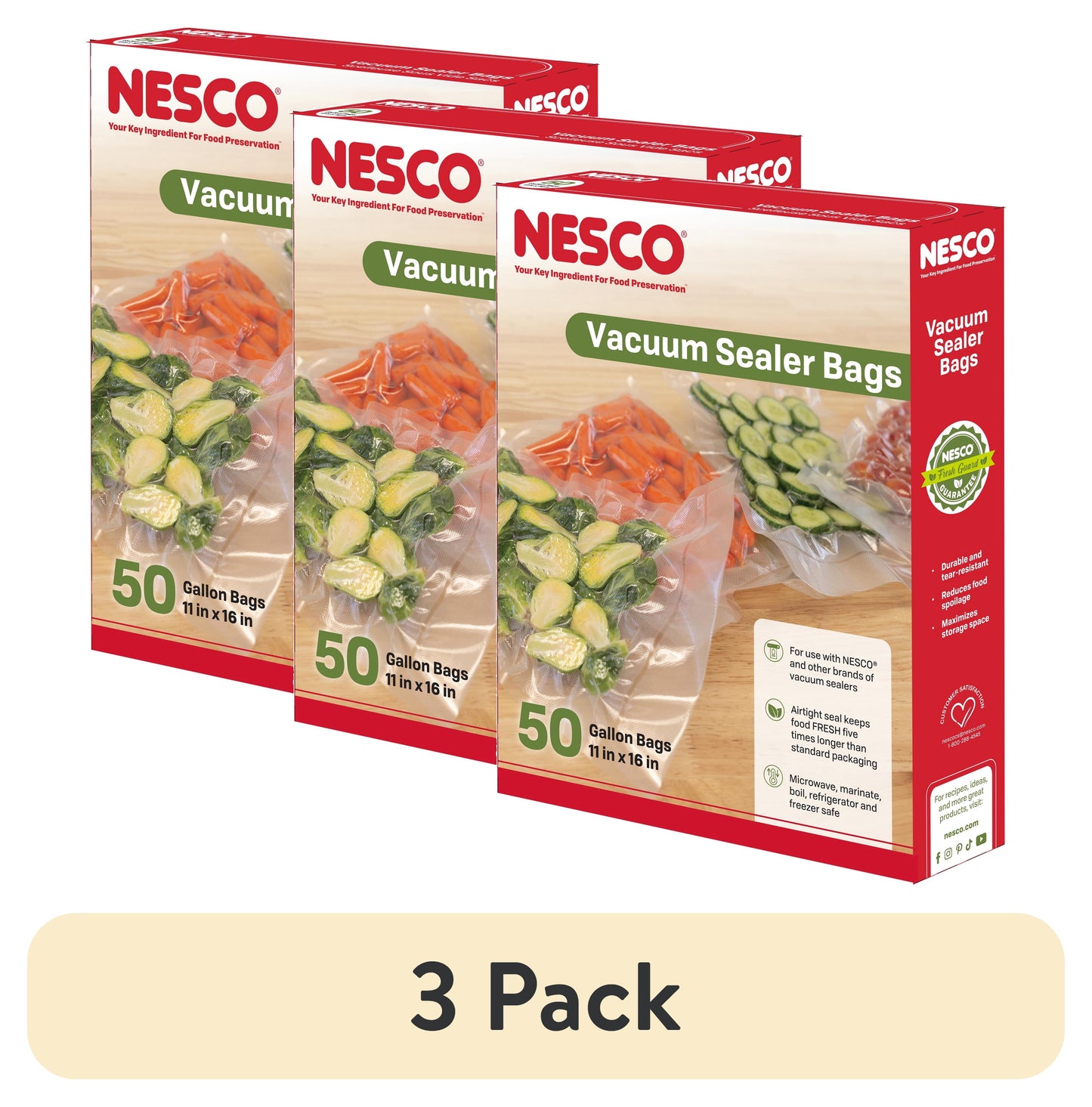 (3 pack) NESCO Gallon Vacuum Sealer Bags (11" x 16"), 50-Count BPA-Free Vacuum Seal Bags for Freezer Storage and Sous Vide, Works With Nesco and FoodSaver Vacuum Sealer Machines