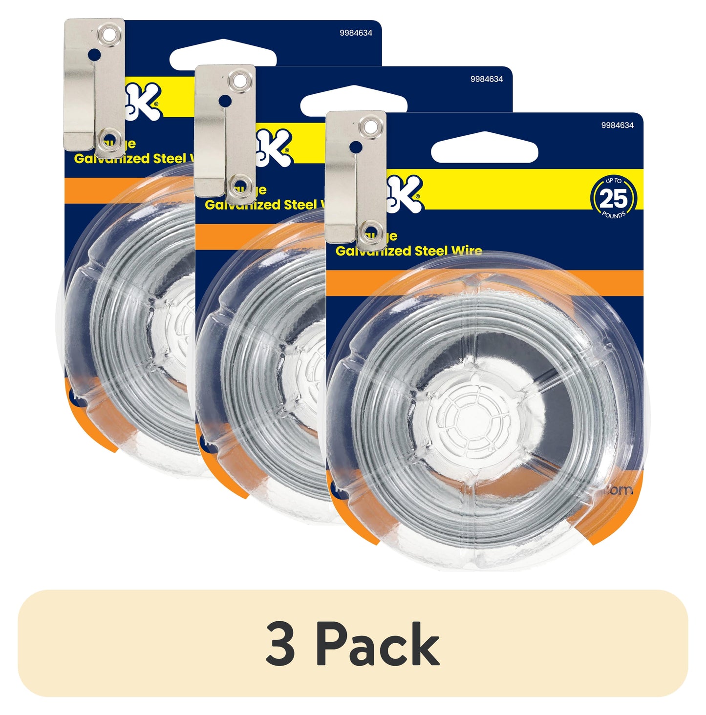 (3 pack) Ook Hanging Wire, 110 ft, 25 lbs, 18 Gauge Wire,, Galvanized Steel, Silver