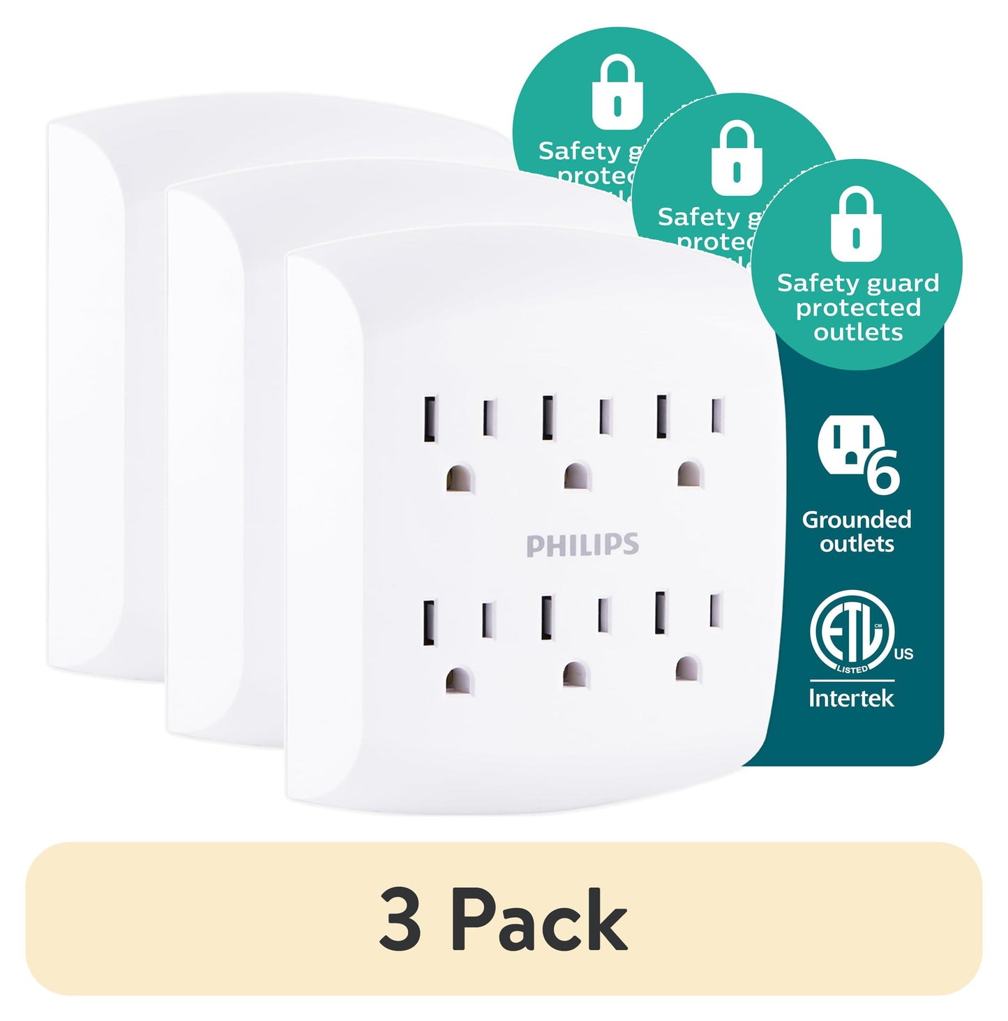 (3 pack) Philips 6 Outlet Wall Tap, 125VAC/15A/1875W, Tamper-resistant Protected Outlets, SPS1461WA/37