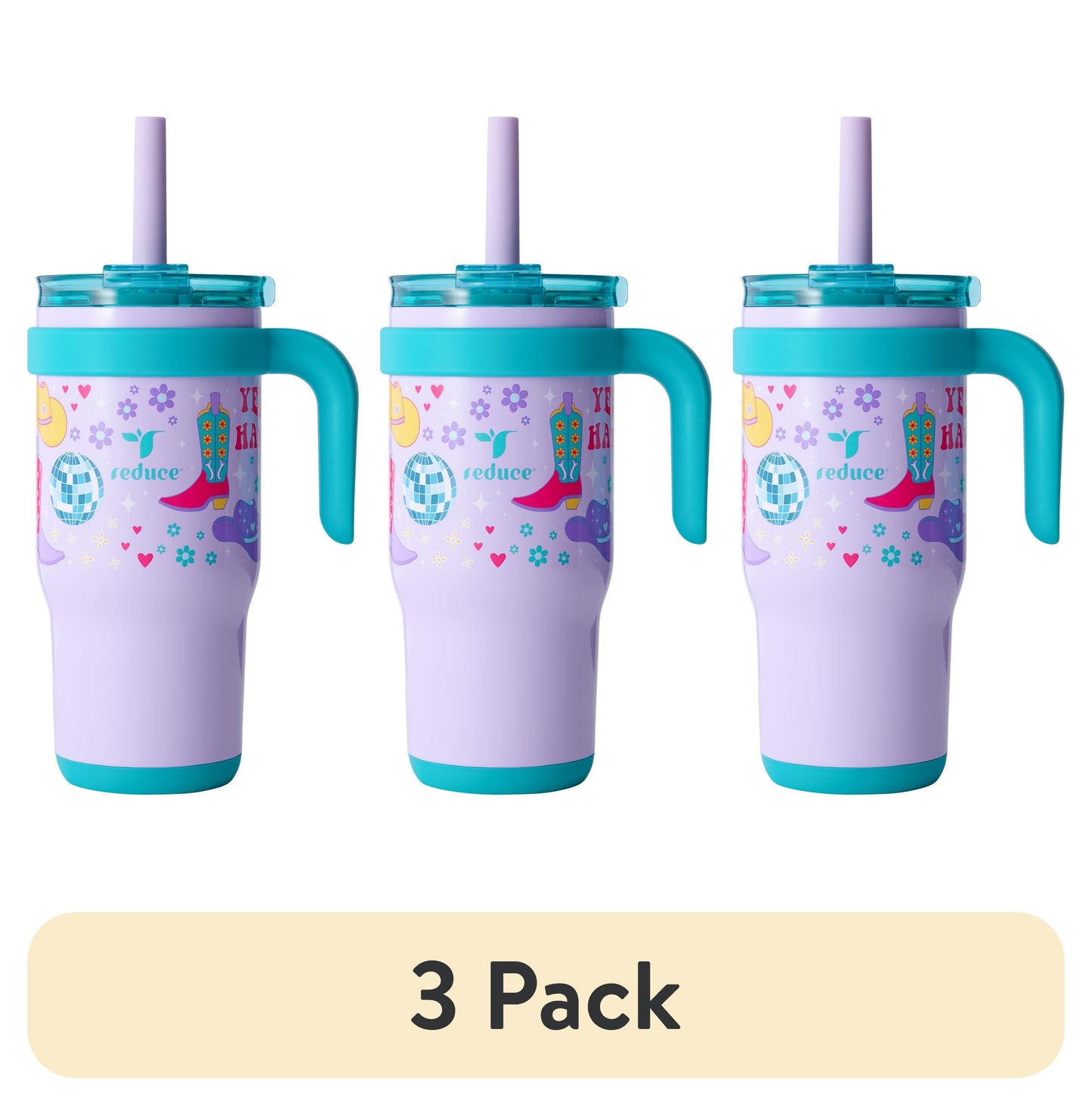 (3 pack) Reduce Coldee Kids Tumbler with Spill-Proof Straw & Handle. Insulated Stainless Steel 18 oz, Cowgirl
