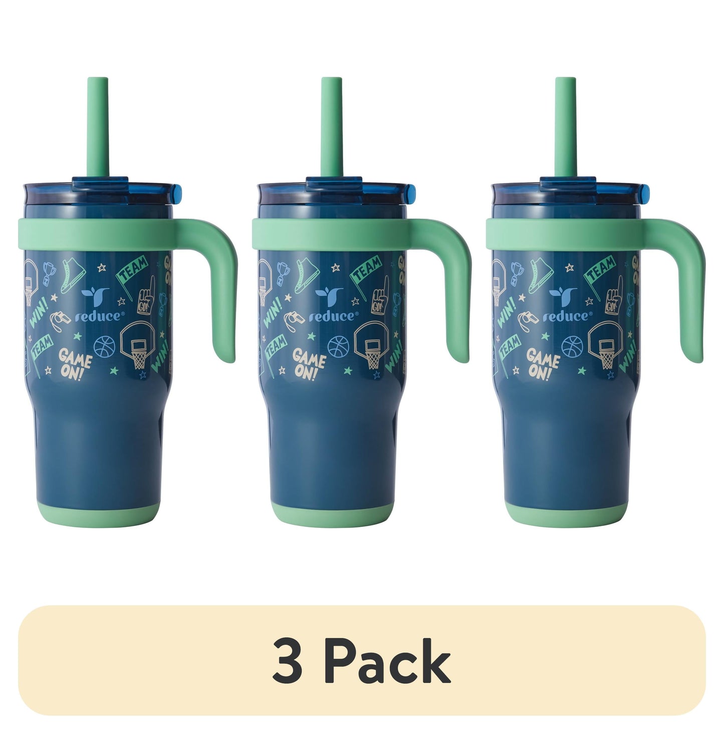 (3 pack) Reduce Coldee Kids Tumbler with Spill-Proof Straw & Handle. Insulated Stainless Steel 18 oz, Game on
