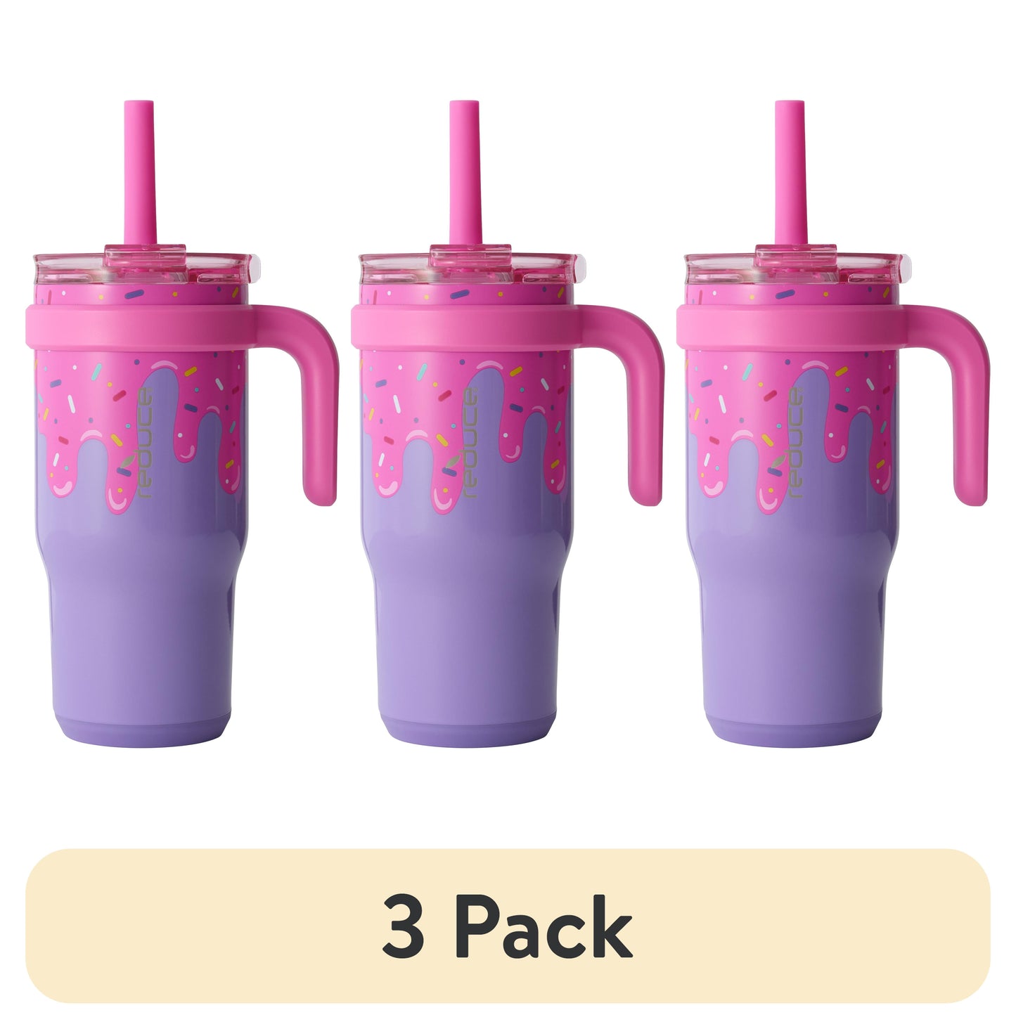 (3 pack) Reduce Coldee Kids Insulated Tumbler with Straw, 18oz Stainless Steel Spill-Proof Cup with Handle, Ice Cream