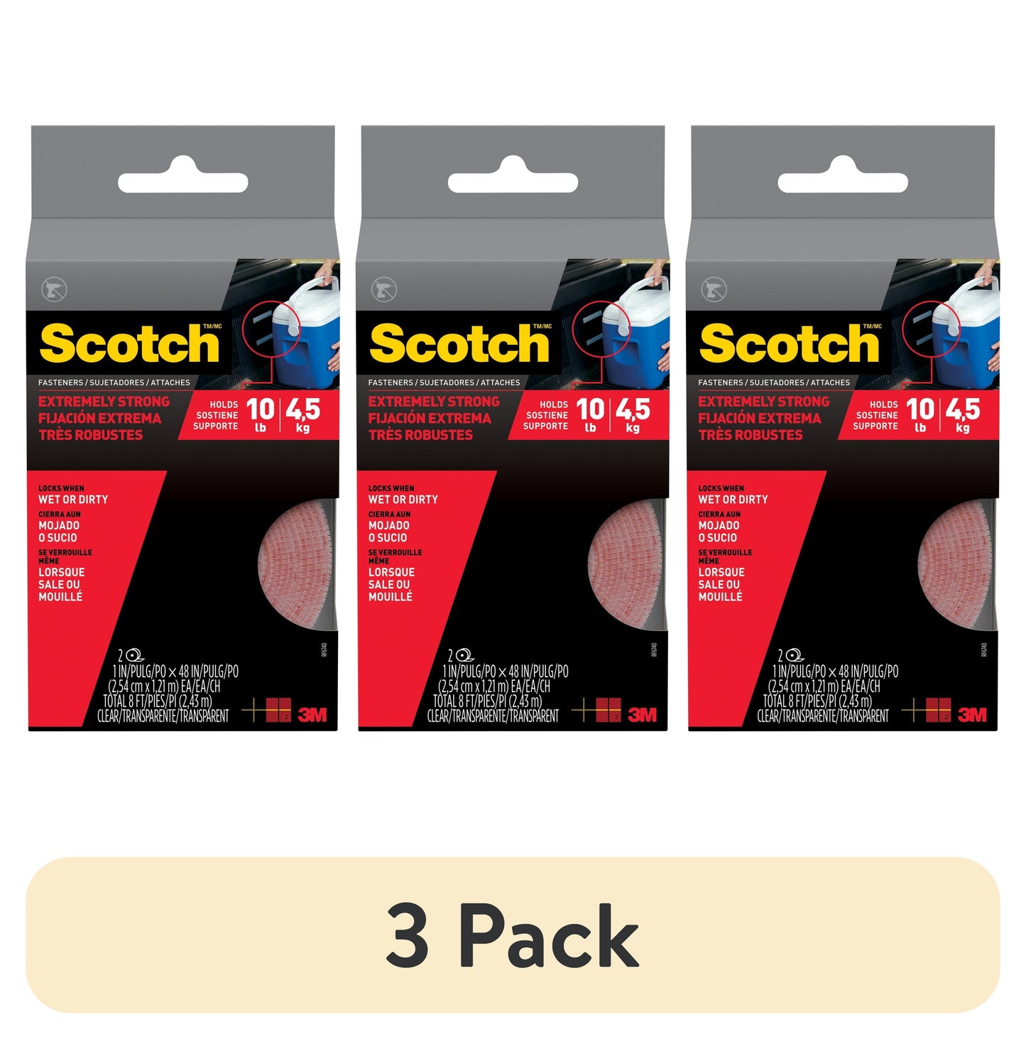 (3 pack) Scotch Clear Hook & Loop Fasteners, Heavy Duty, Holds 10 lbs, 1 in x 4 ft, 2 Count