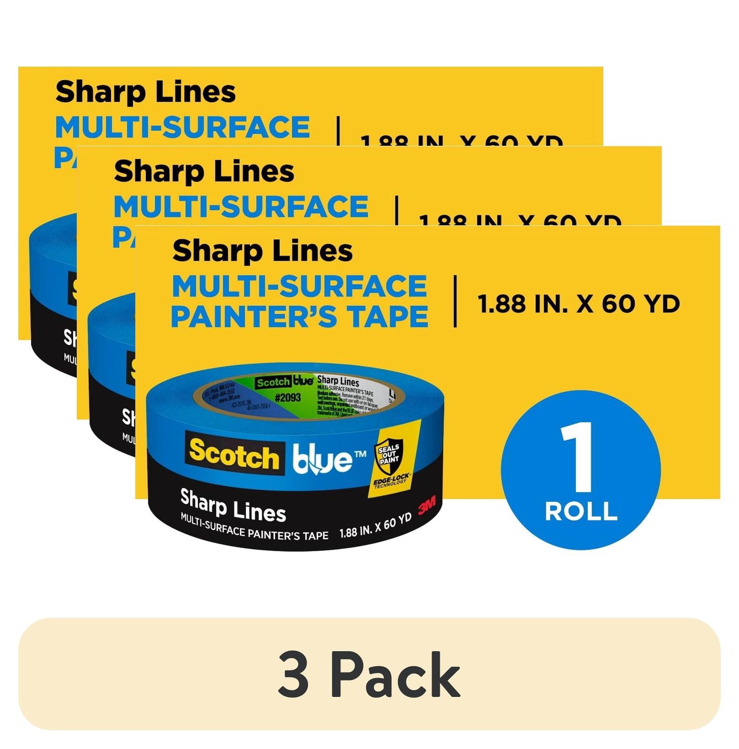 (3 pack) ScotchBlue Sharp Lines Painter's Tape, Blue, 1.88 in x 60 yd, 1 Roll