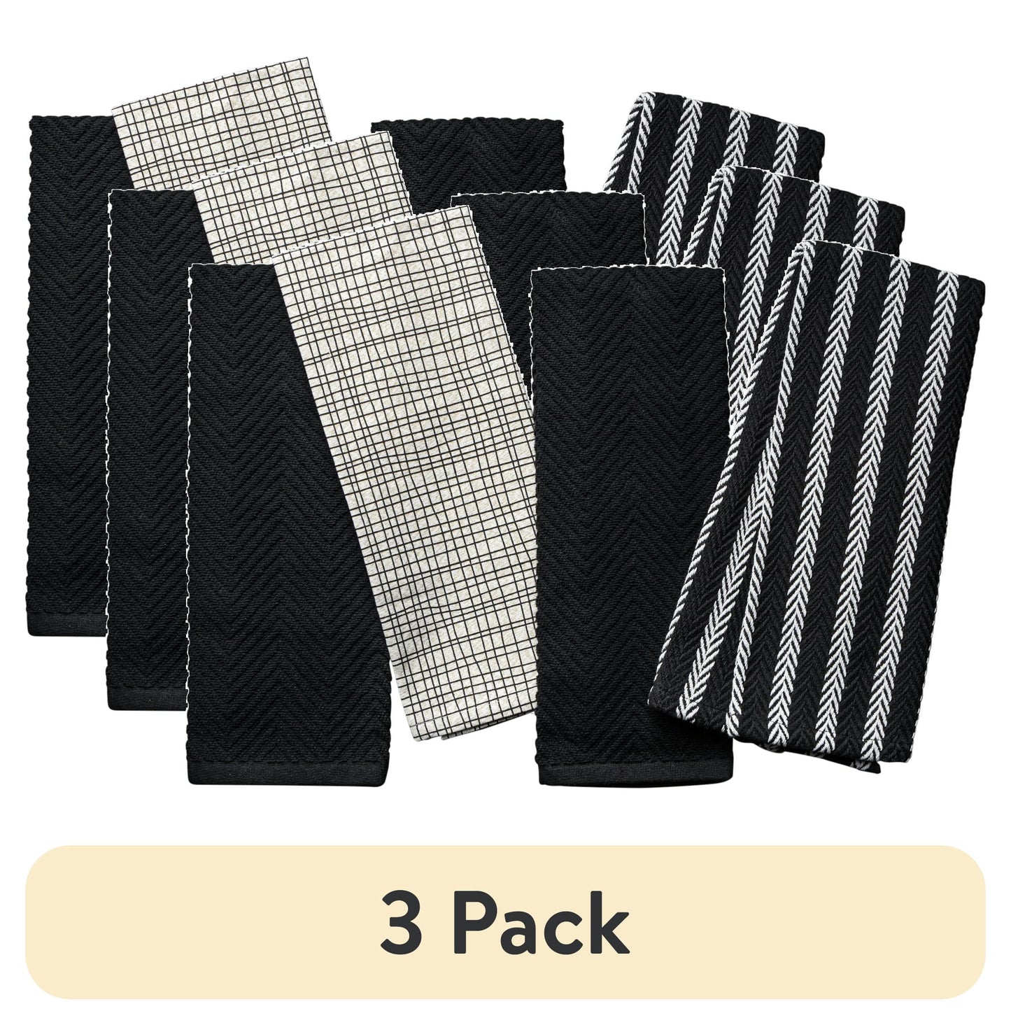 (3 pack) Thyme & Table Kitchen Towels, Black and Gold Crosshatch, 4 Pack Set