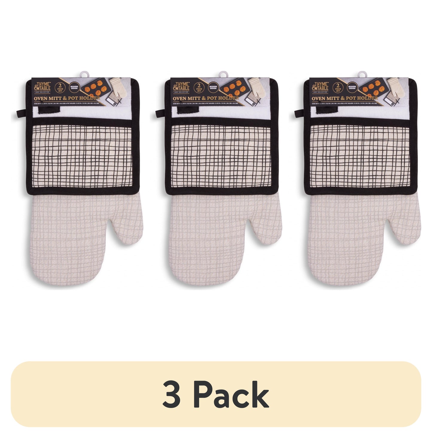 (3 pack) Thyme & Table Oven Mitt and Potholder Set, Cream & Black Crosshatch, 2 pack