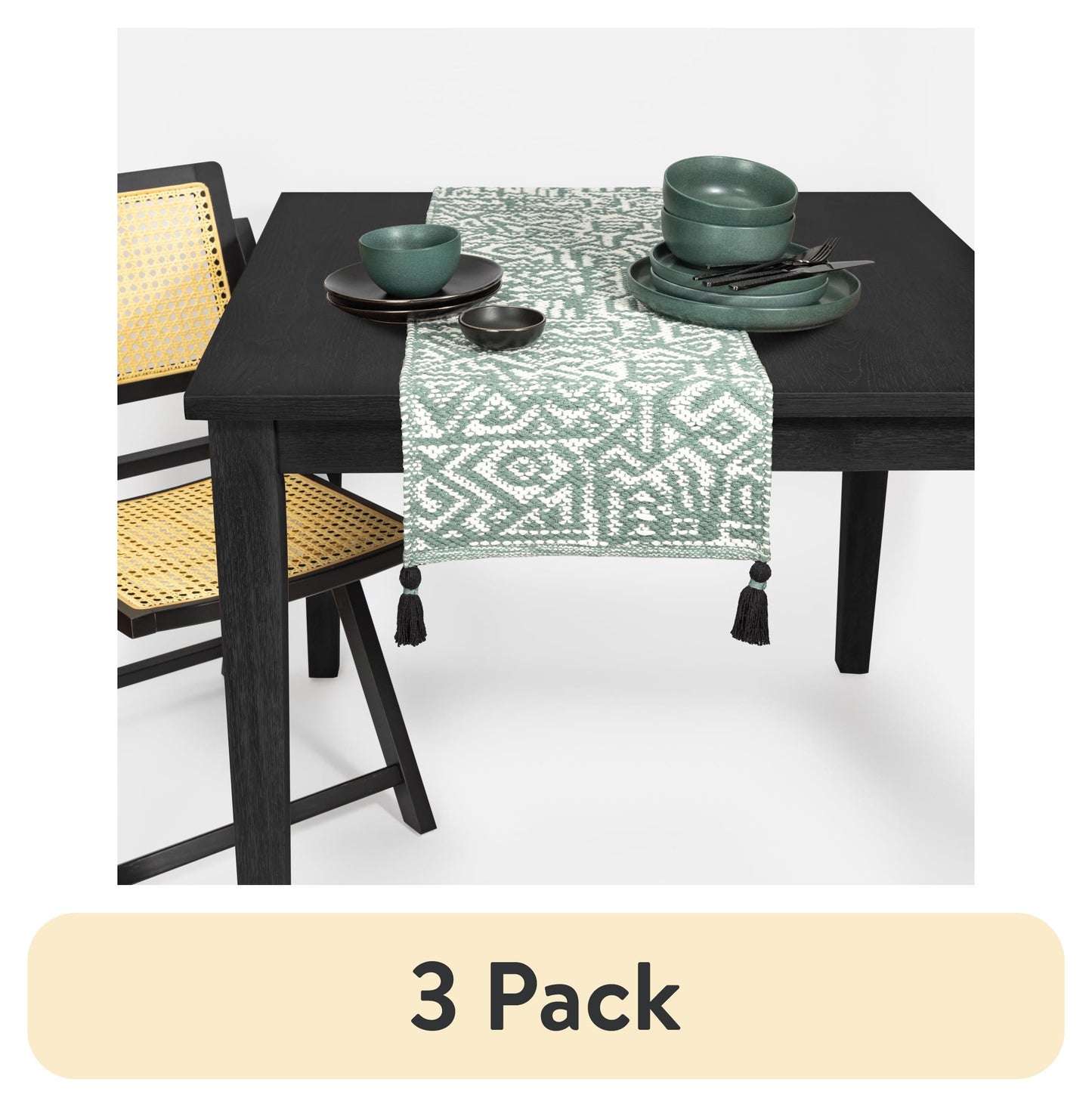 (3 pack) Thyme & Table Table Runner, Green and White Geometric, 14 x 72"