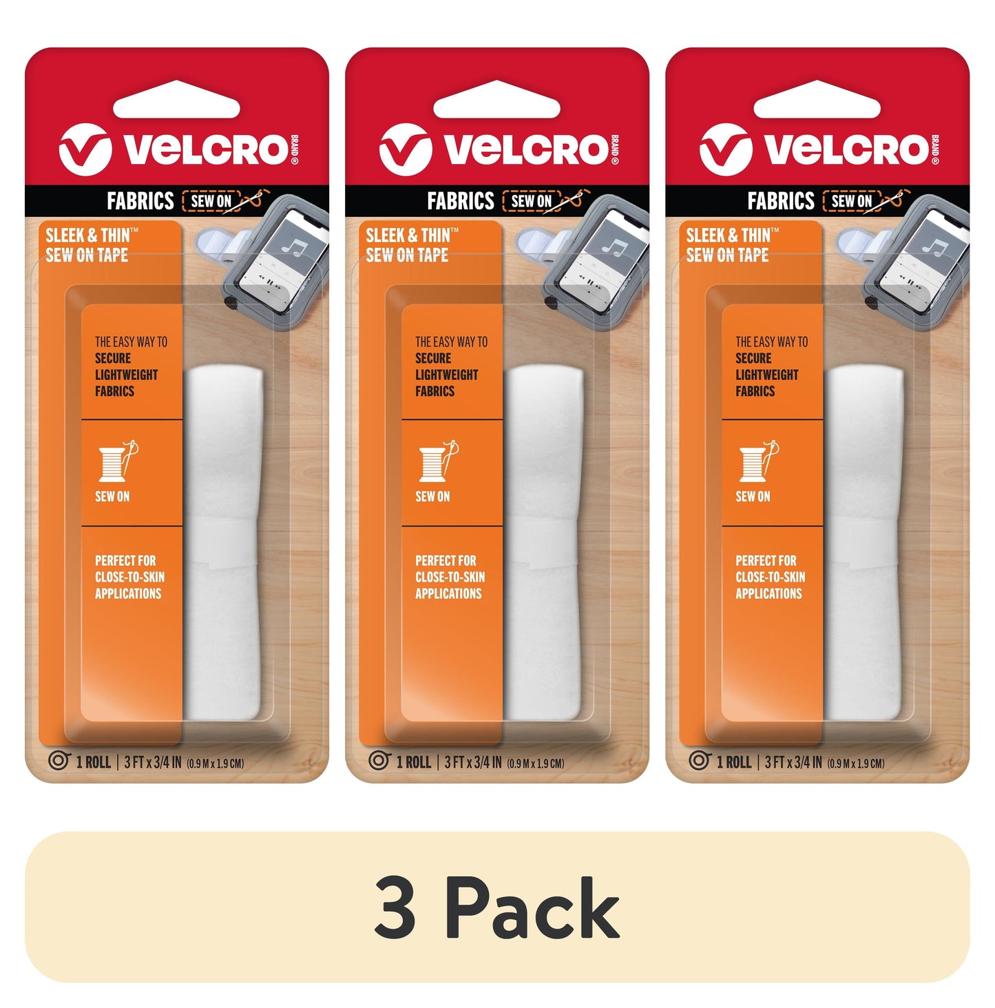 (Paquete de 3) VELCRO Marca SLEEK & THINâ„¢ - Cierre de Gancho y Bucle para Coser en Telas / Cinta de Tamaño 3ft x 3/4in, Blanco / Suave en la Piel Ultraligera con TecnologÃa de Costura