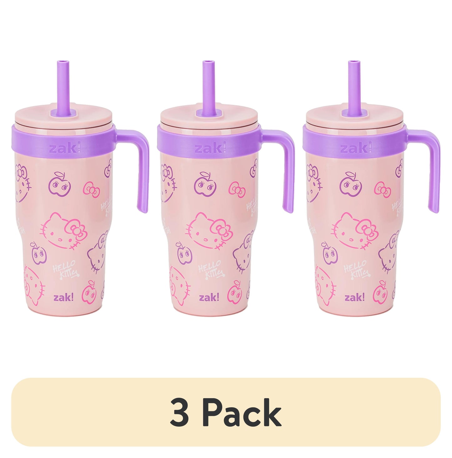(3 pack) Zak Designs 18oz Hello Kitty Kids Straw Handle Tumbler