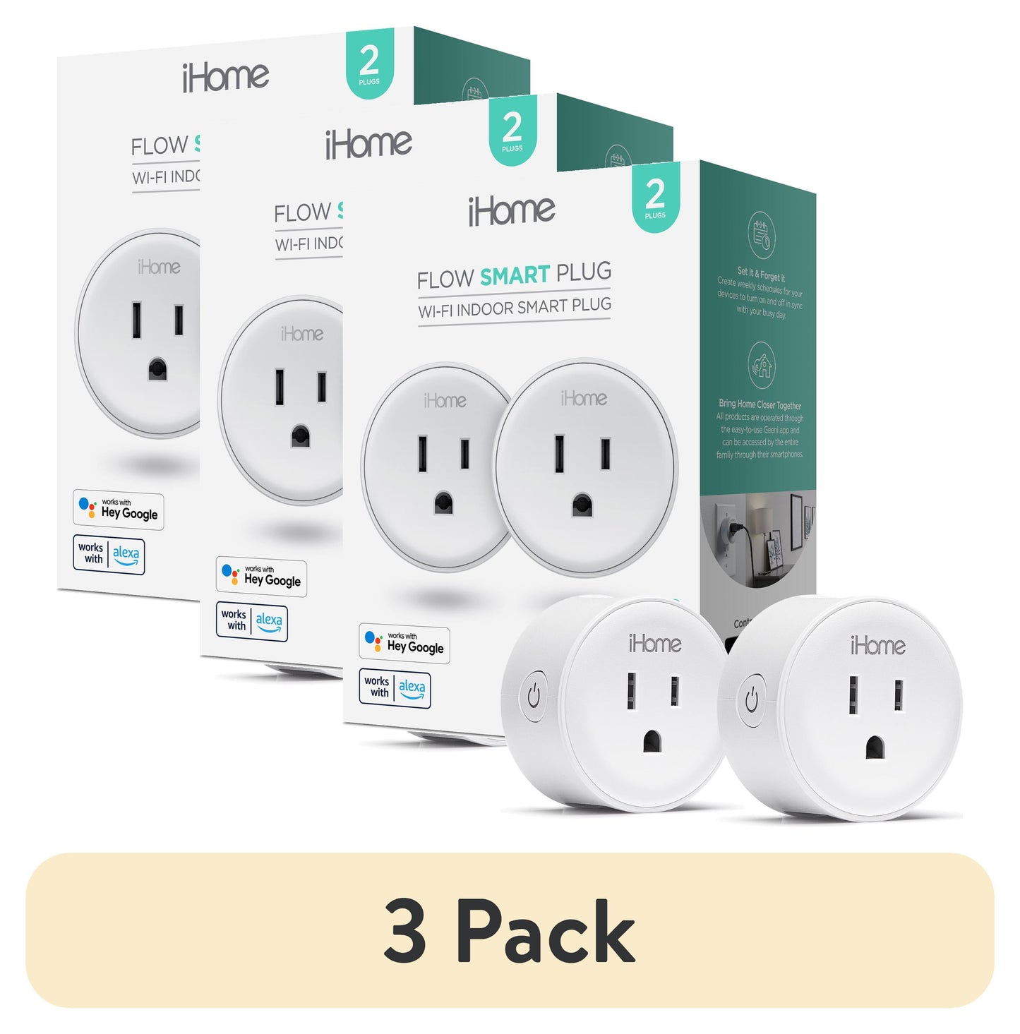 (3 pack) iHome Smart Plug, 15A Wi-Fi Outlet, Works with Alexa & Google Home, App Control, Timer, 2 pack – White