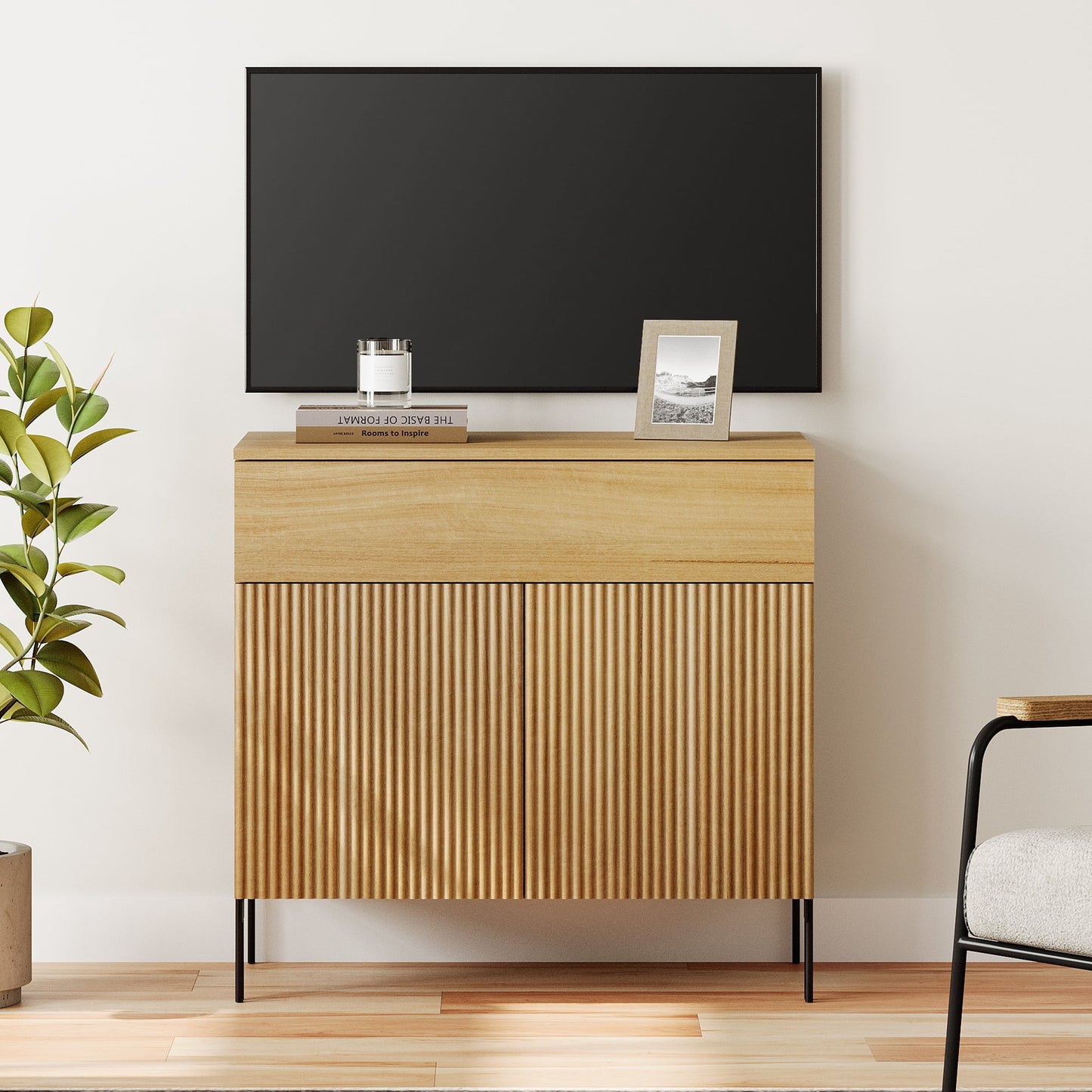 31.5" Modern Reeded TV Stand with Doors, Entertainment Center with Shelf, Wooden TV Console with Drawers for Living Room