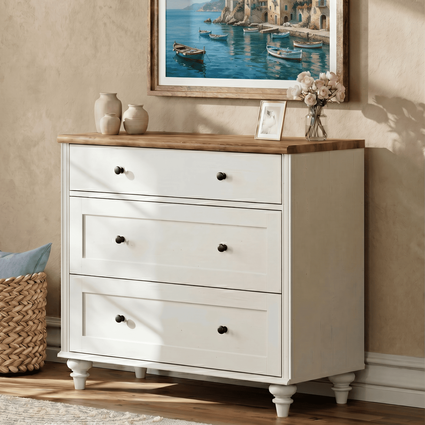 34" Dresser Cabinet with 3 Drawers, Mid-Century Modern Wooden Bedroom Closet Storage Organizer, Farmhouse Small Dressers Suitable for Living Room, Nursery, and Hallway, White