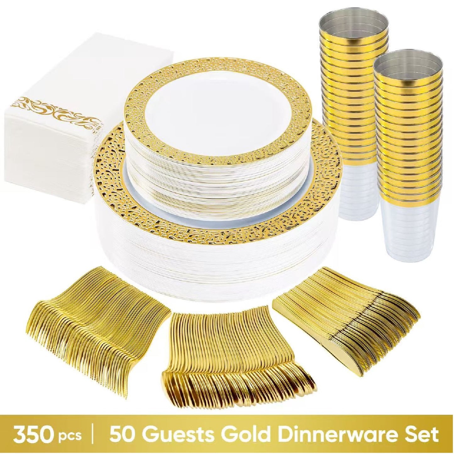 350Pcs Silver Plastic Plates Sets - Dinnerware Sets for 50 Guests,Decorative Plates for Festival Wedding Party