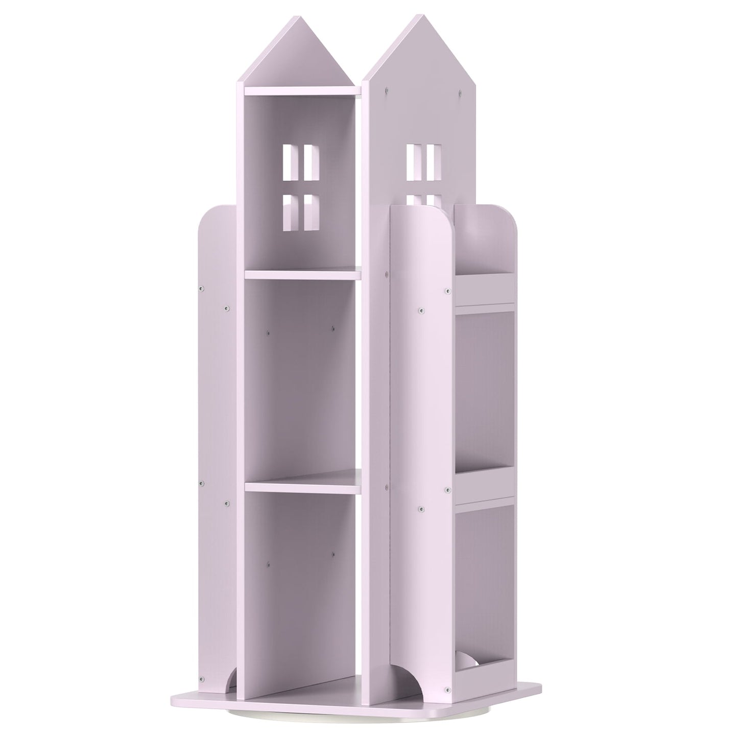 360° Rotating Kids Bookshelf, Pink Engineered Wood House-Shaped Bookcase, 38in Tall Storage Organizer for Bedroom, Playroom, Living Room