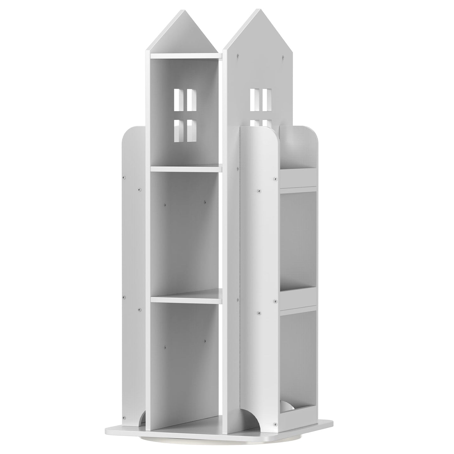 360° Rotating Kids Bookshelf, White Engineered Wood House-Shaped Bookcase, 38in Tall Storage Organizer for Bedroom, Playroom, Living Room