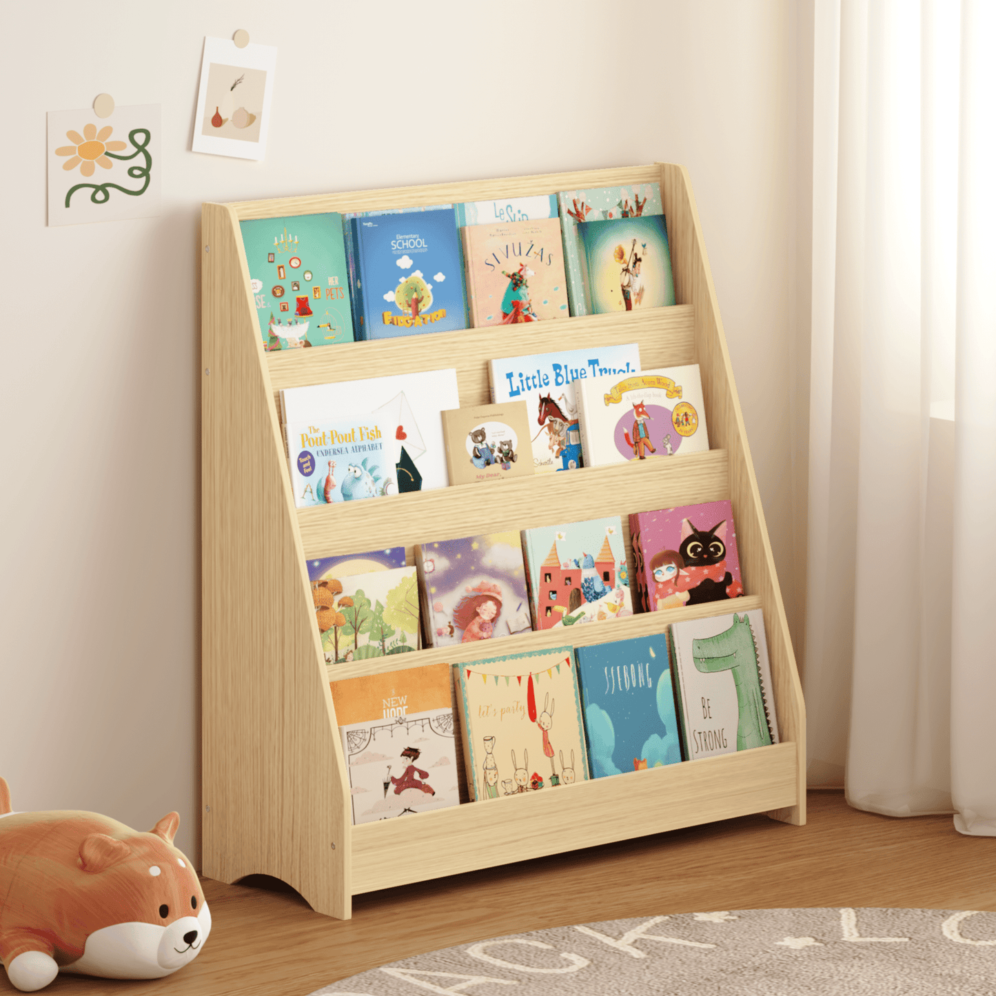 4-Tier Kids Bookshelf, Toddler Book Display Shelf, Natural Wood Tone, Toy & Book Organizer for Bedroom Playroom Classroom