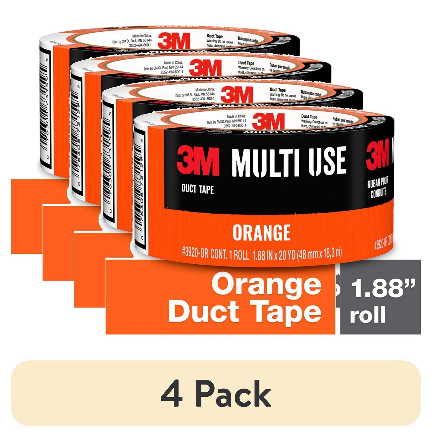 (4 pack) 3M Duct Tape, Orange, Multi Use, 1.88 in x 20 yd, 1 Roll