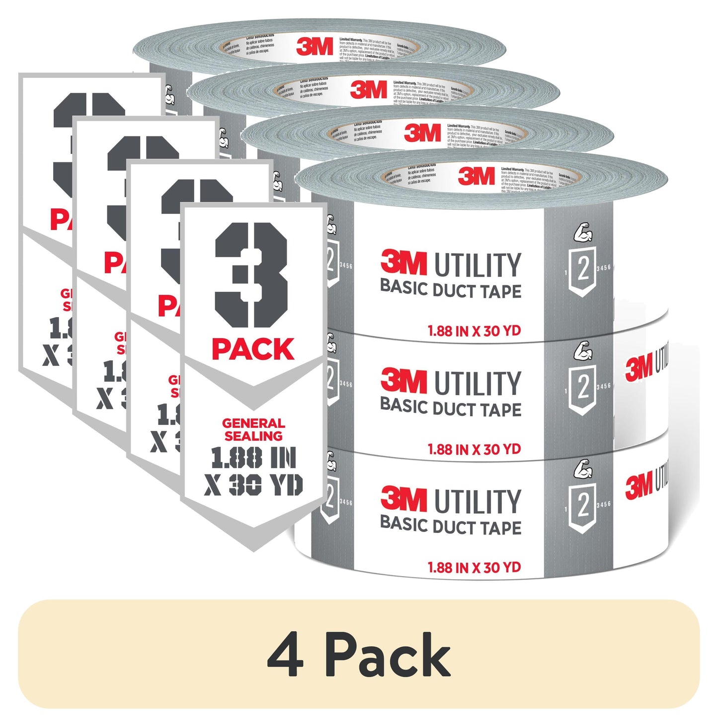 (4 pack) 3M Utility Duct Tape, Silver, Basic Use, 1.88 in. x 30 yd., 3 Pack