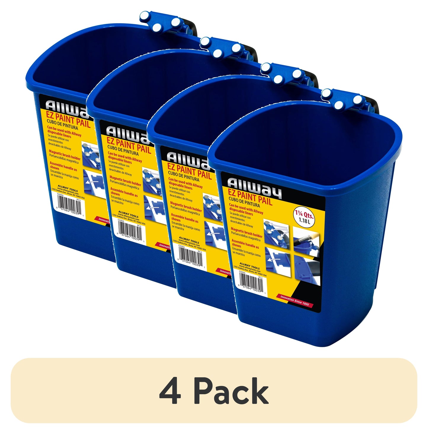 (4 pack) Allway EZ Paint Pail with Soft Grip Rubber Handle and Magnetic Brush Holder, Holds up to 40 oz