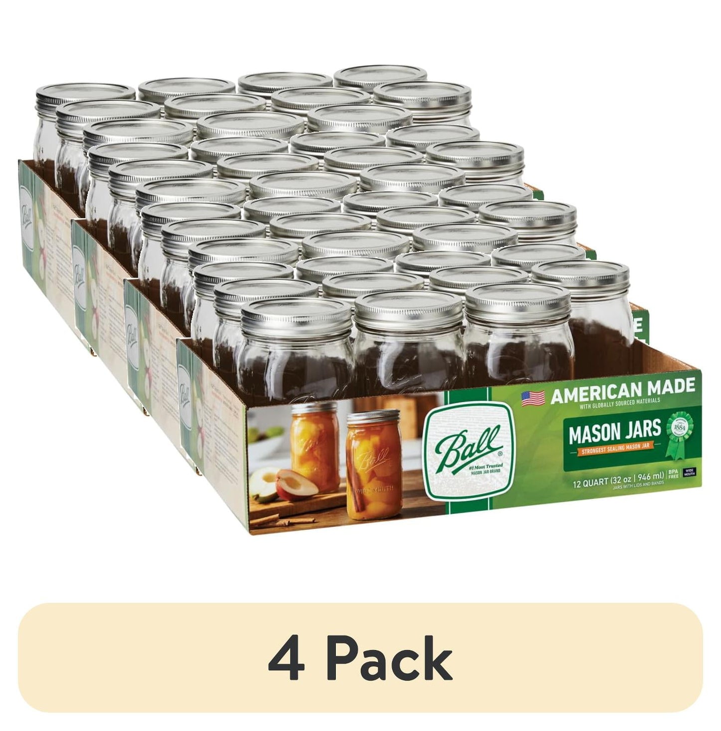 Ball 32 oz Mason Jars, Wide Mouth Quart Canning Jars with Lids and Rings, 12-Pack Large Glass Jars for Home Canning and Fermenting