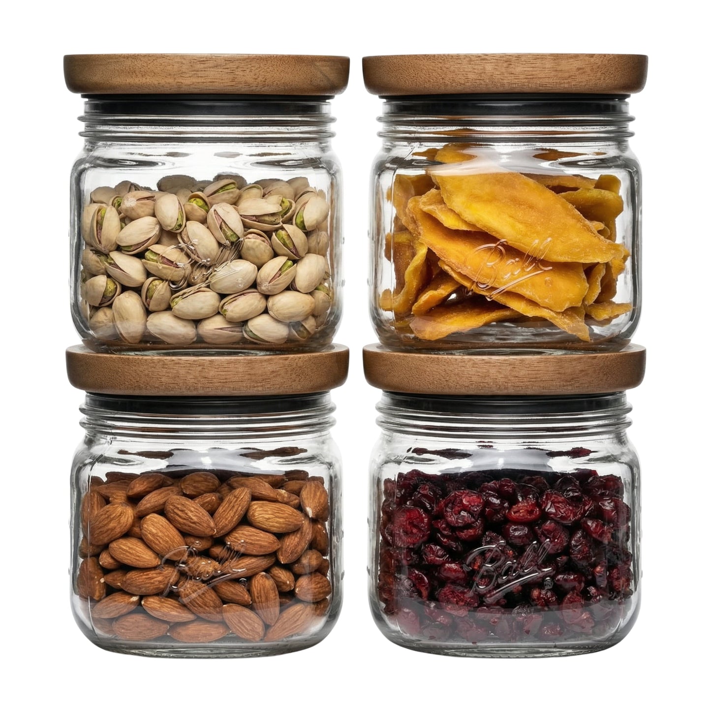 (4 pack) Ball 4 Cup Stack & Store Glass Jar with Acacia Wood Lid – Airtight Wide Mouth Glass Storage Container for Pantry, Kitchen, and Countertop Organization