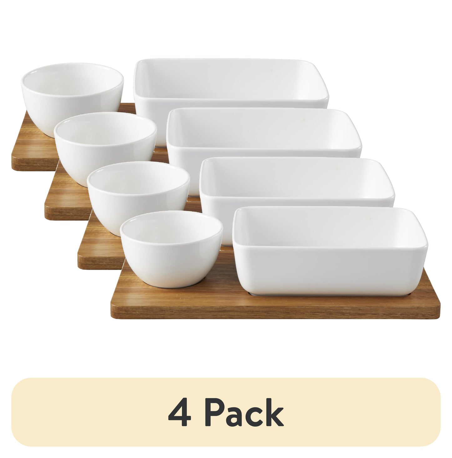 (4 pack) Better Homes & Gardens Ceramic Chip Dip Bowl with Acacia Tray, Natural Wood Color, 13.5x6.5x2.99 in