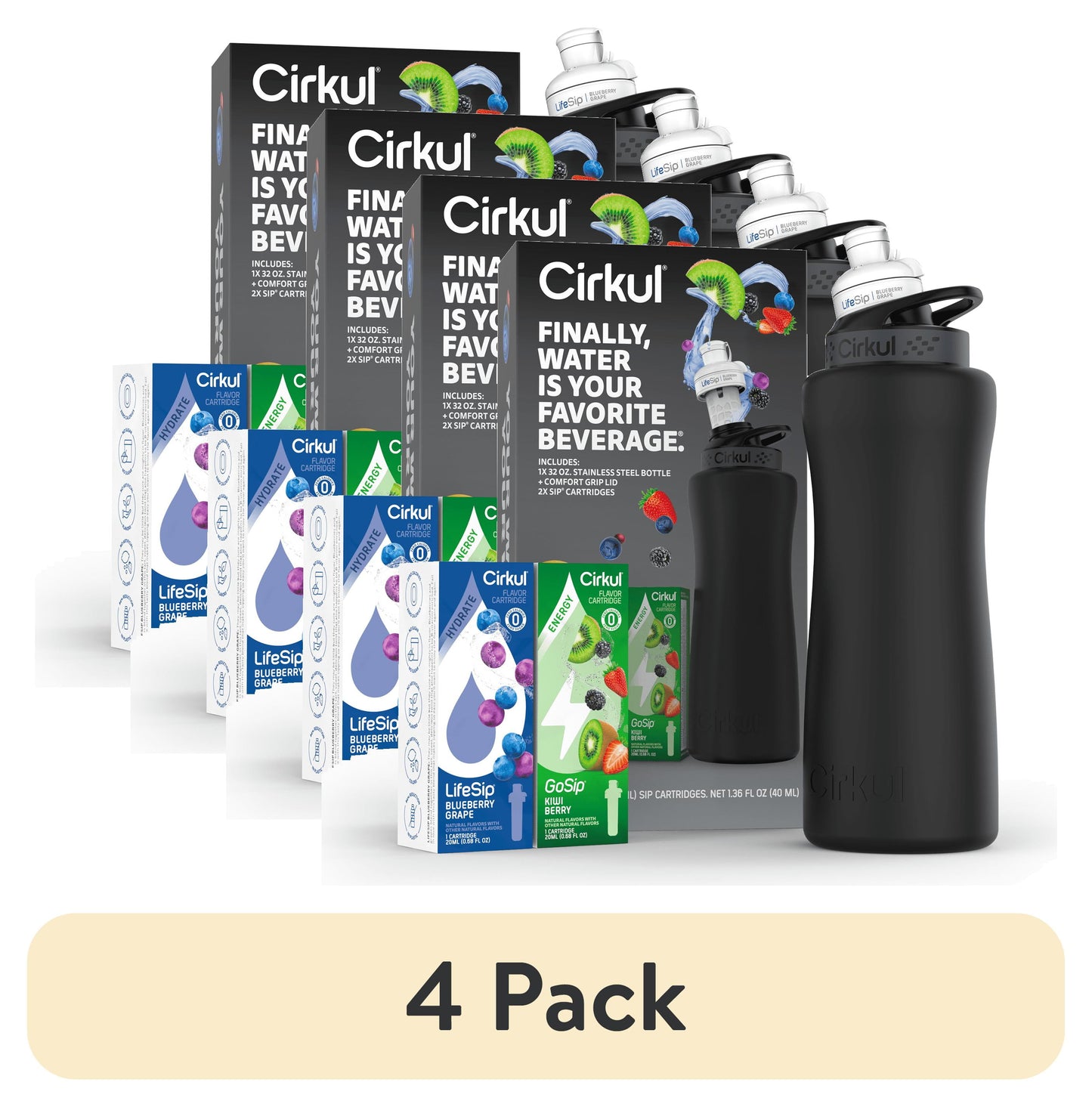 (4 pack) Cirkul 32oz Matte Black Stainless Steel Starter Kit with Matte Black Cirkul Lid 2.0 and 2 Flavor Cartridges (Blueberry Grape & Kiwi Berry)