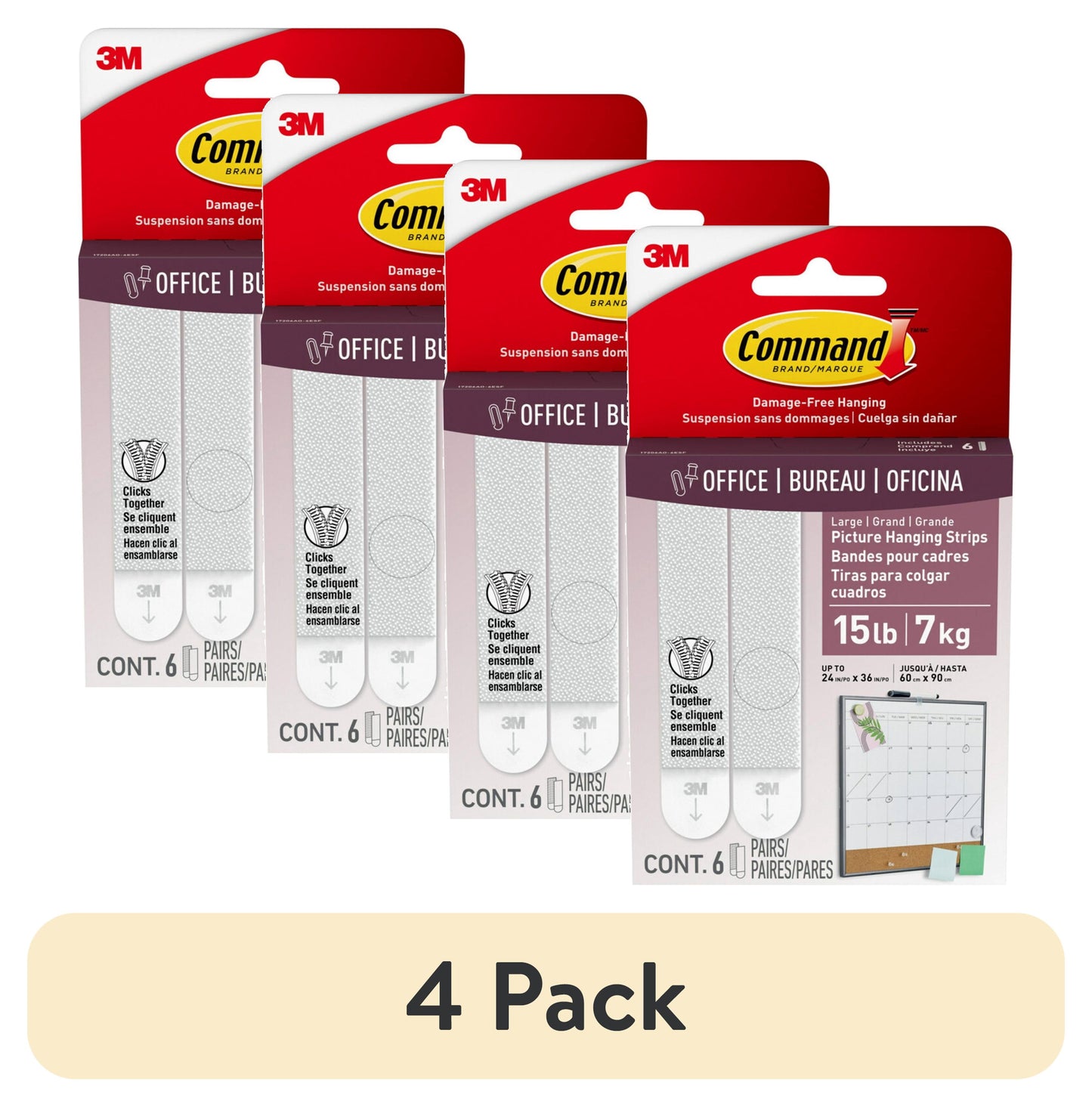 (4 pack) Command Large Picture Hangers, Holds 15 lbs, White, Damage-Free Hanging, 6 Pairs Adhesive Strips