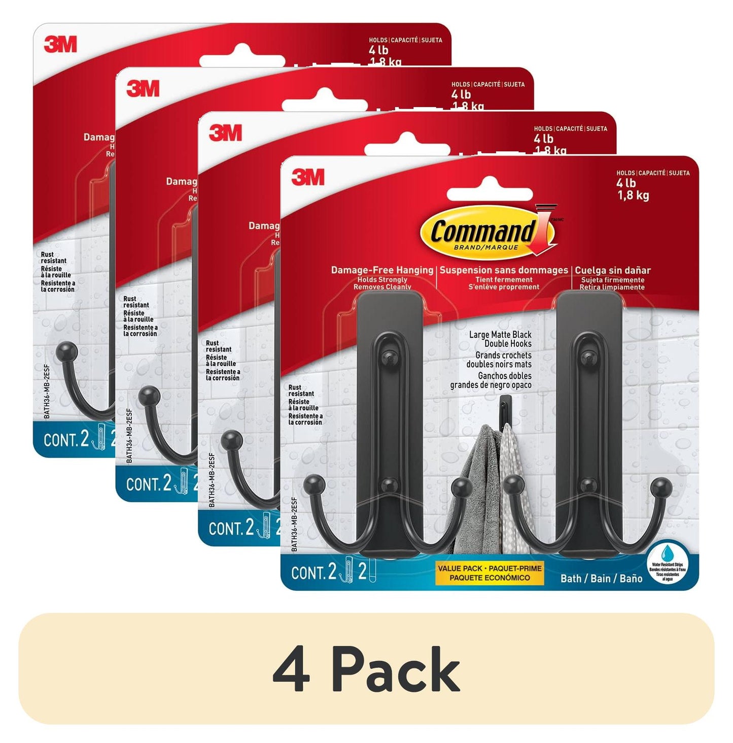 Command Bath Large Matte Black Double Hooks, 2pk