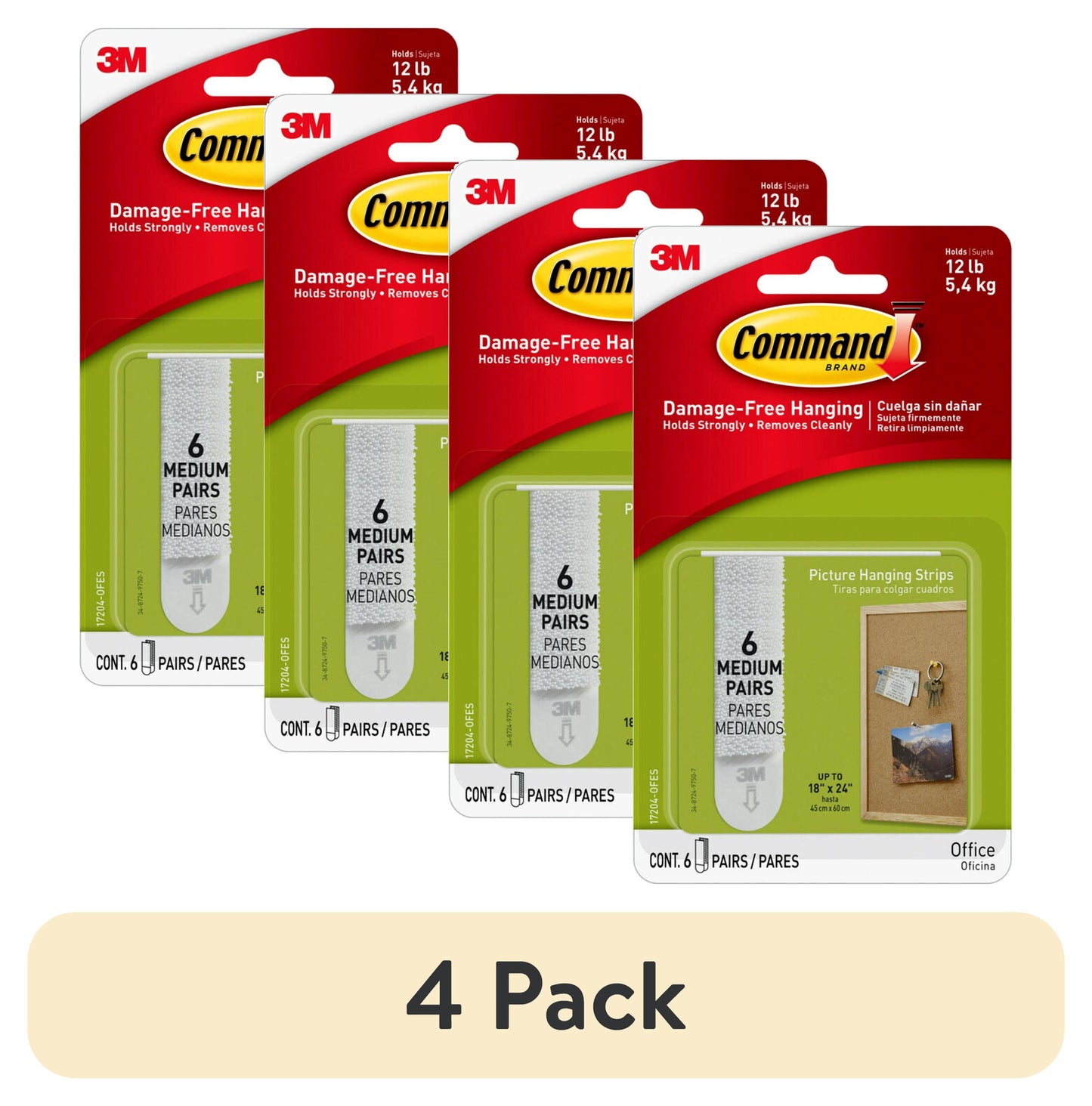 (4 pack) Command Medium Picture Hangers, Holds 10 lbs, White, Damage-Free Hanging, 6 Pairs Adhesive Strips