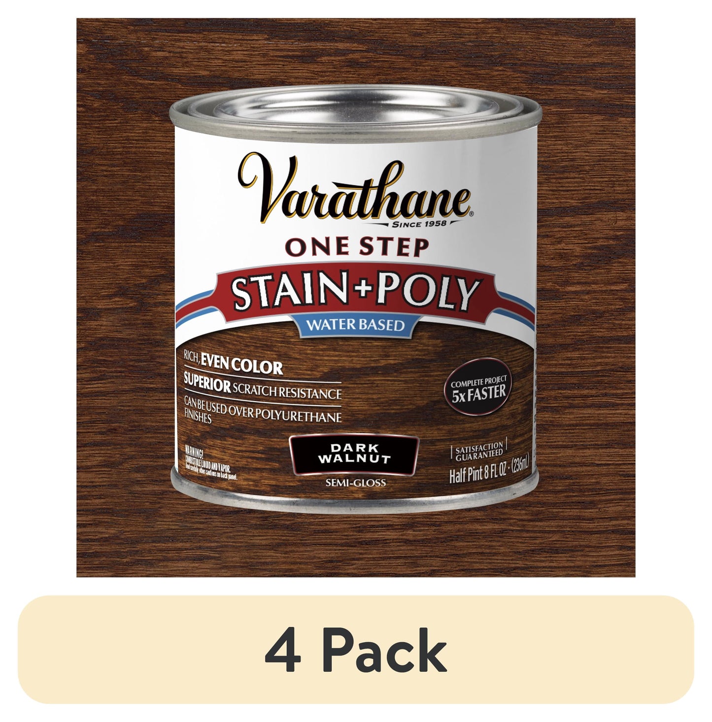 (4 pack) Dark Walnut, Varathane One Step Interior Wood Stain + Polyurethane, Semi-Gloss -384360, Half Pint