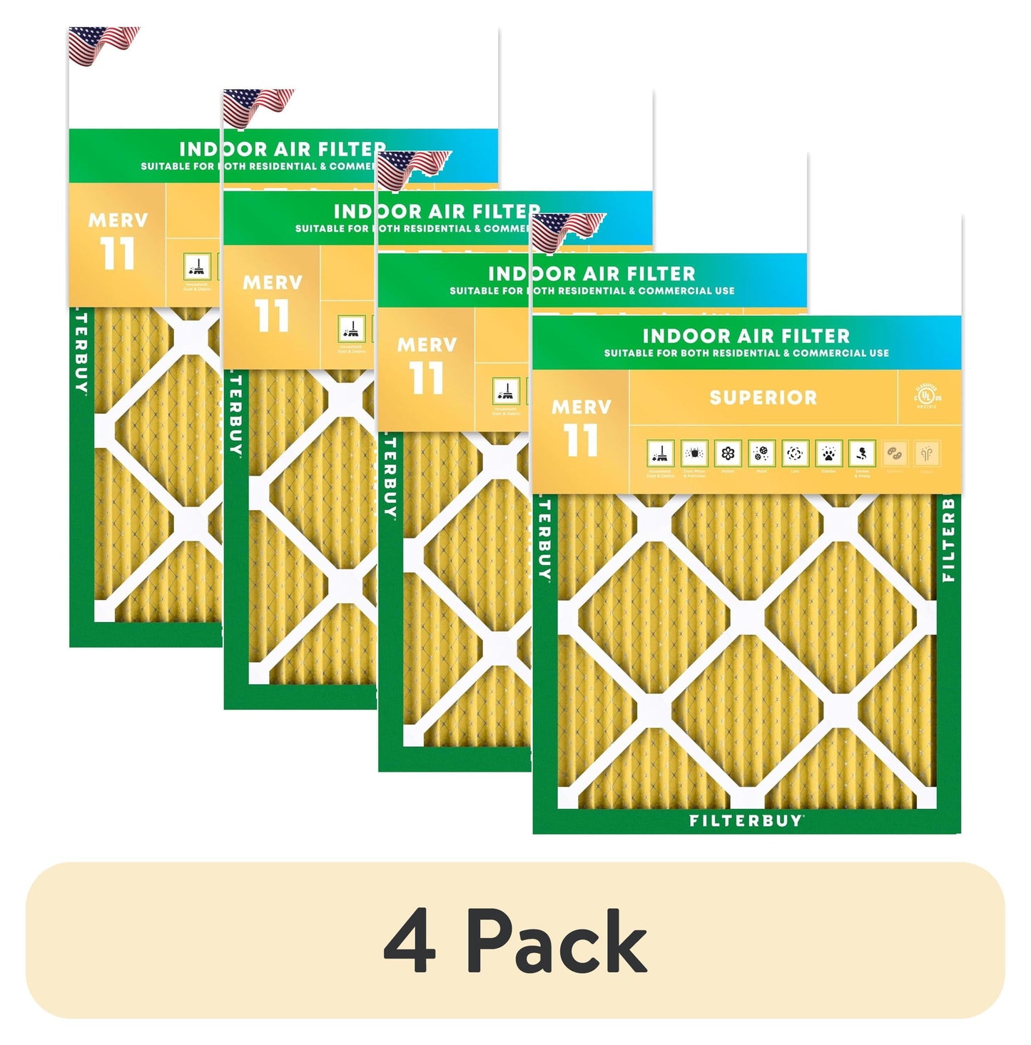 (4 pack) Filterbuy 20x25x1 MERV 11 Defensa contra Alérgenos, Filtros de Aire Plisados para HVAC/AC/horno (1-Pack)