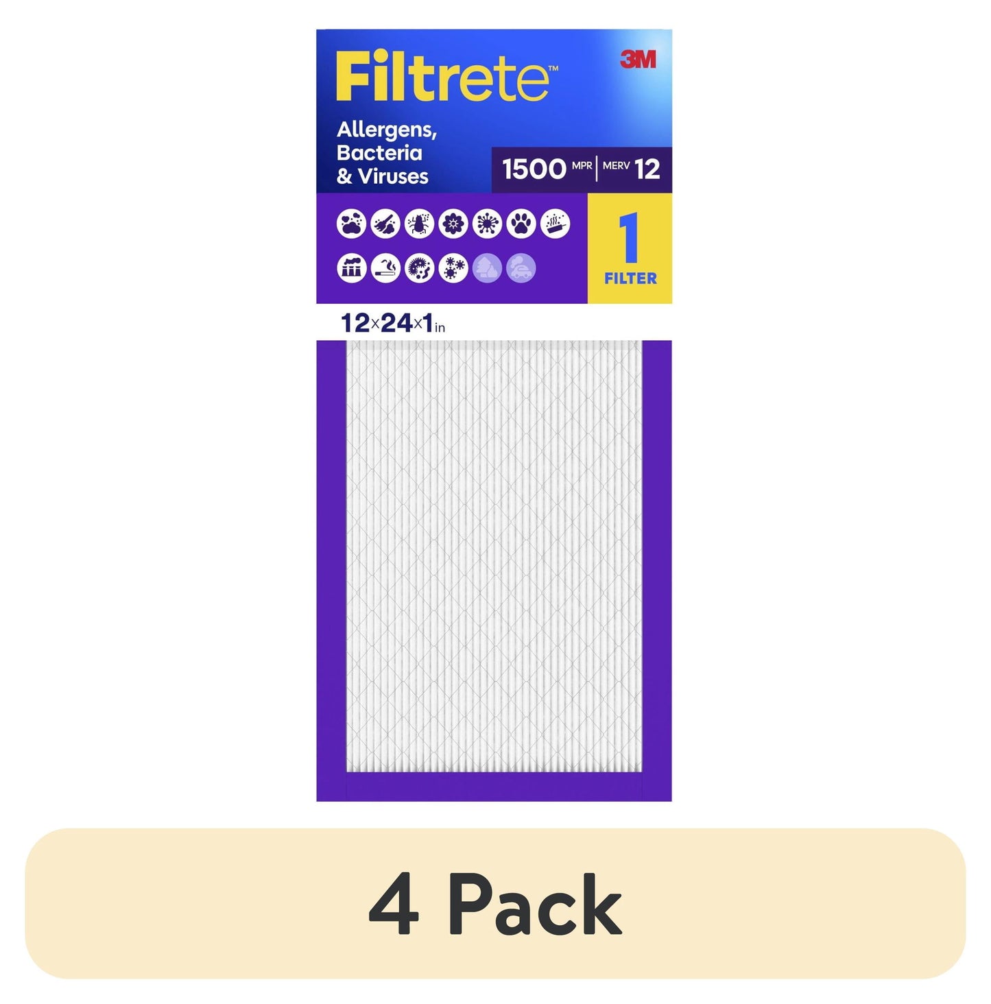 (4 pack) Filtrete 12x24x1 HVAC Furnace Air Filter, MPR 1500 MERV 12, Allergens, Bacteria & Viruses, 1 Filter
