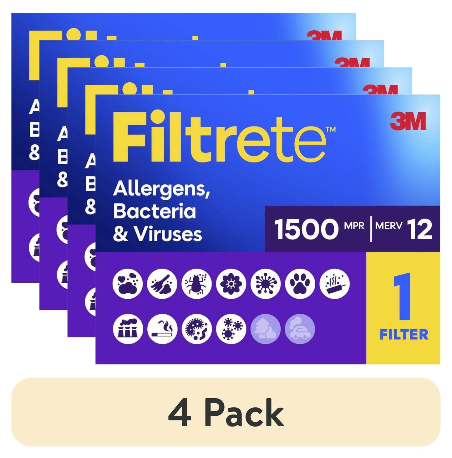 (4 pack) Filtrete 20x30x1 HVAC Furnace Air Filter, MPR 1500 MERV 12, Allergens, Bacteria & Viruses, 1 Filter
