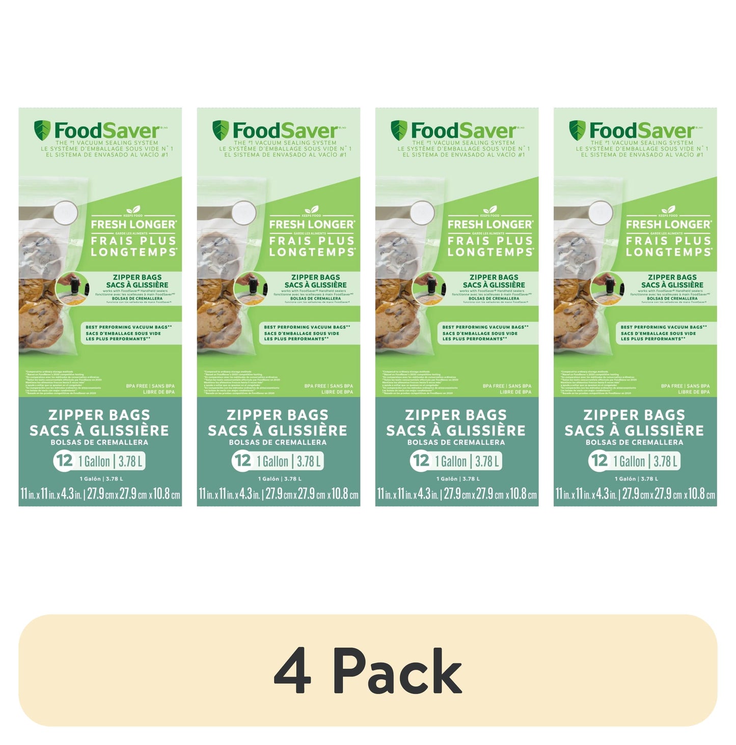 (4 pack) FoodSaver Gallon Reusable Zipper Vacuum Sealer Bags for Handheld Vacuum Sealers (11" x 14"), 12-Count BPA-Free Vacuum Seal Bags for Food Storage and Meal Prep, Works With FoodSaver Vacuum Sealer Machines