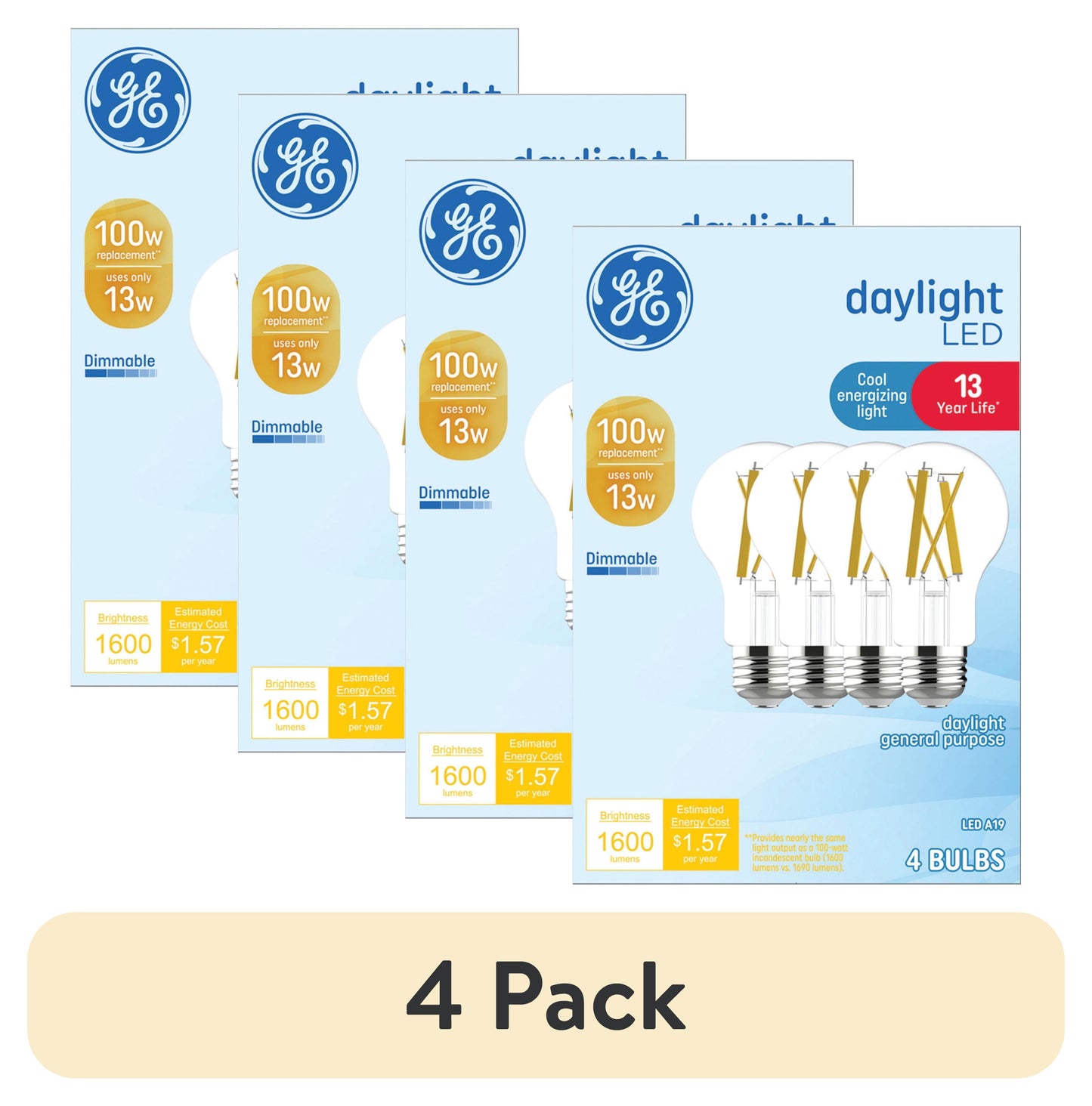 (4 pack) GE LED Light Bulbs, 100 Watt, Daylight, A19 Bulbs, Medium Base, Clear Finish, 13yr, 4pk
