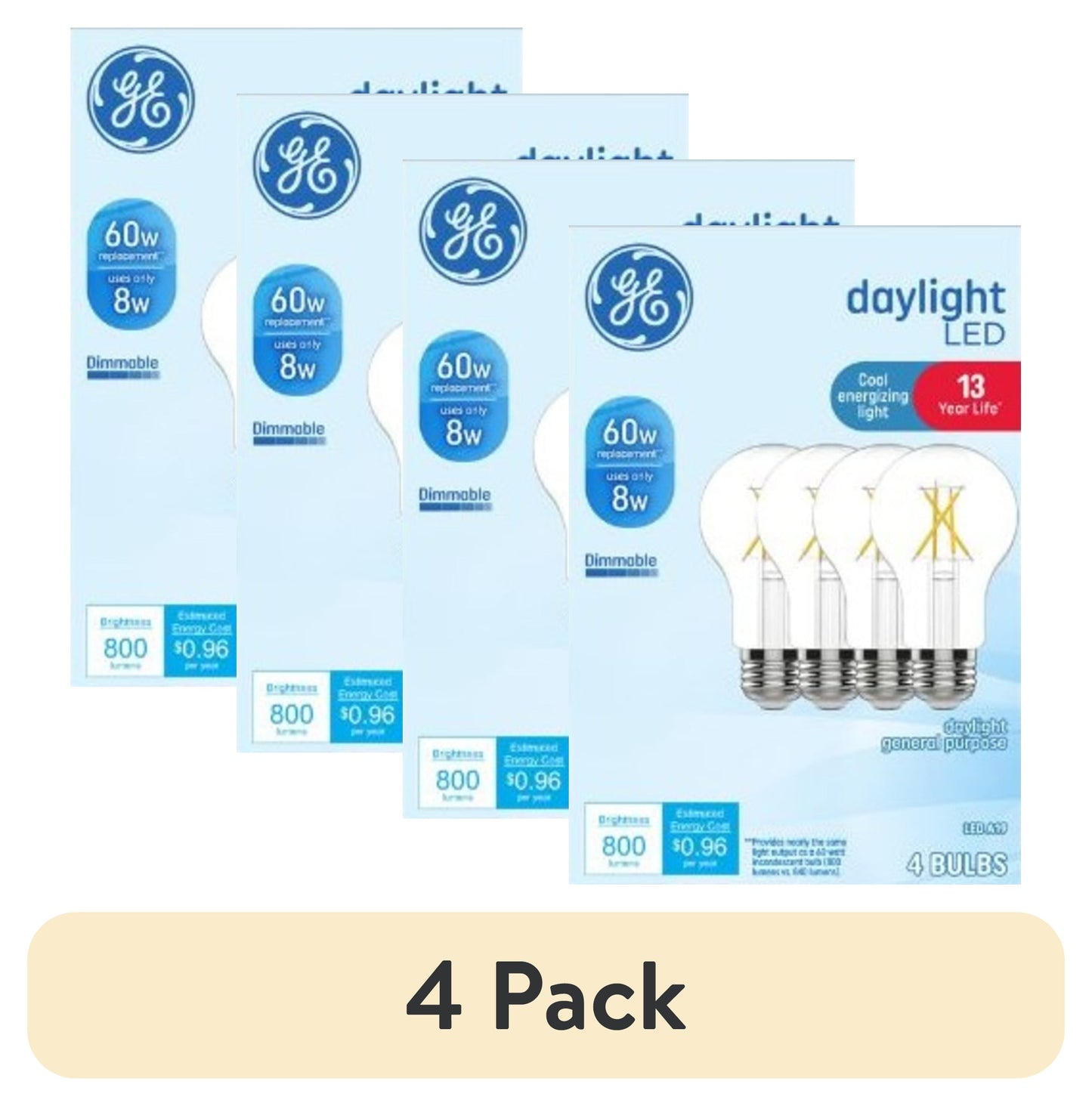 (4 pack) GE LED Light Bulbs, 60 Watt, Daylight, A19 Bulbs, Medium Base, Clear Finish, 13yr, 4pk