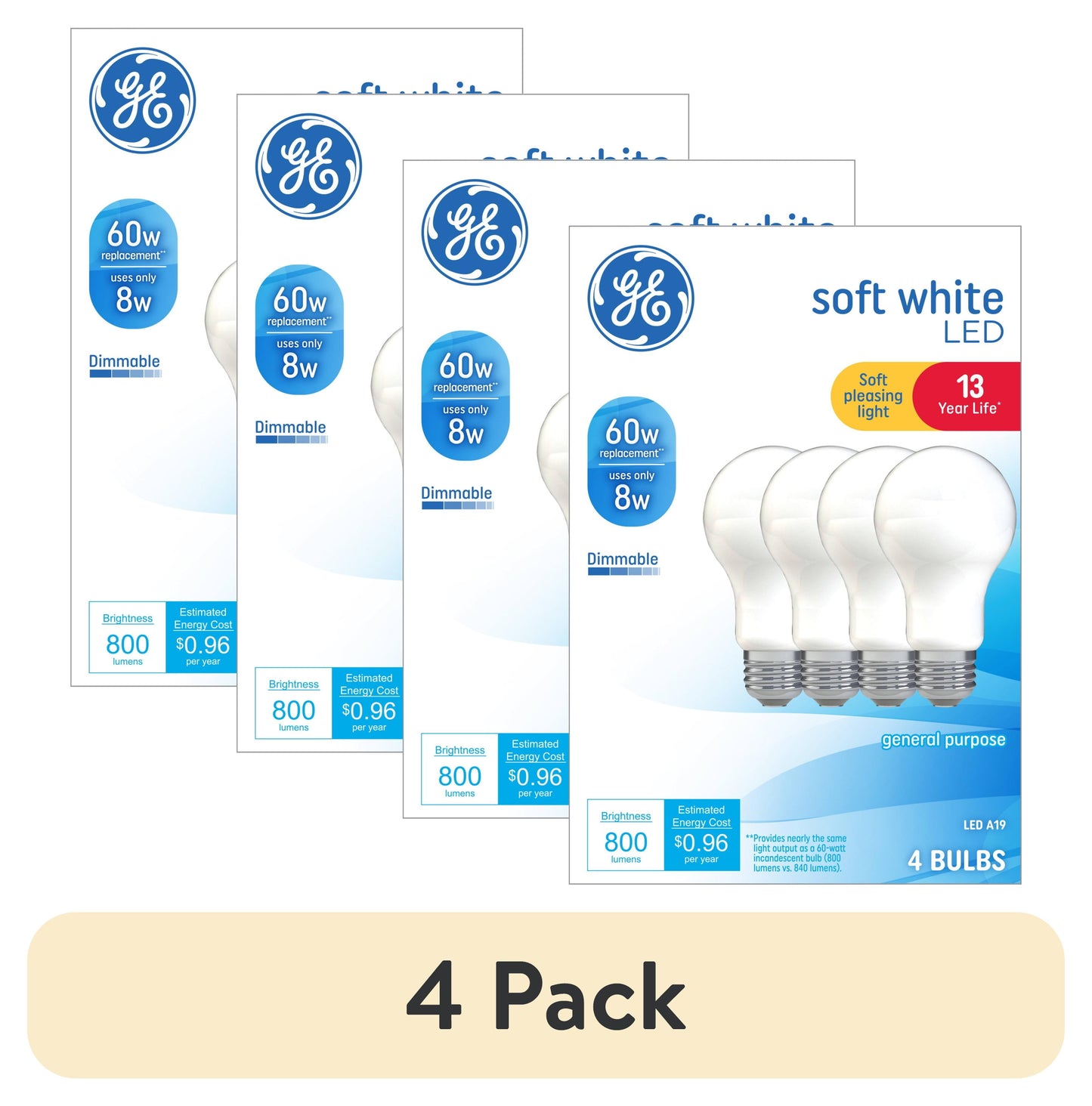 (4 pack) GE LED Light Bulbs, 60 Watt, Soft White, A19 Bulbs, Medium Base, Frosted Finish, 13yr, 4pk