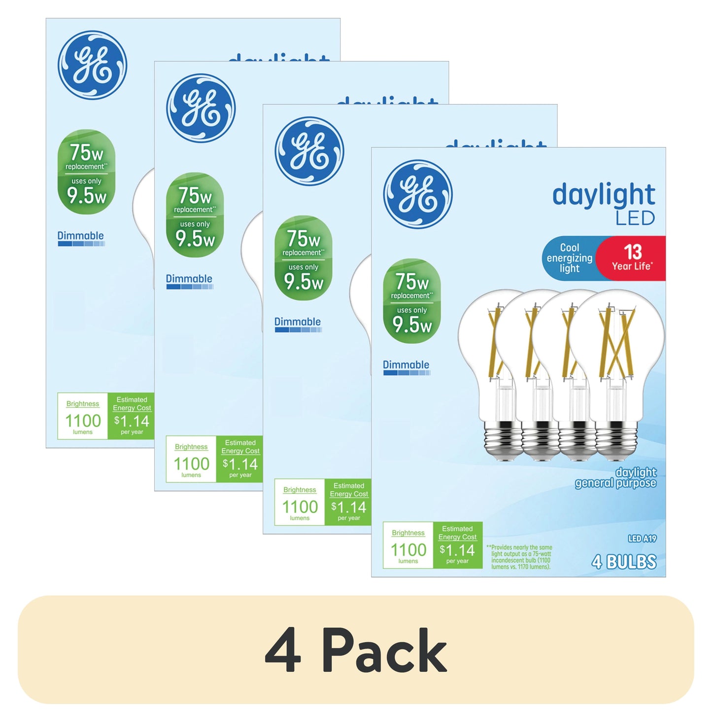 (4 pack) GE LED Light Bulbs, 75 Watt, Daylight, A19 Bulbs, Medium Base, Clear Finish, 13yr, 4pk