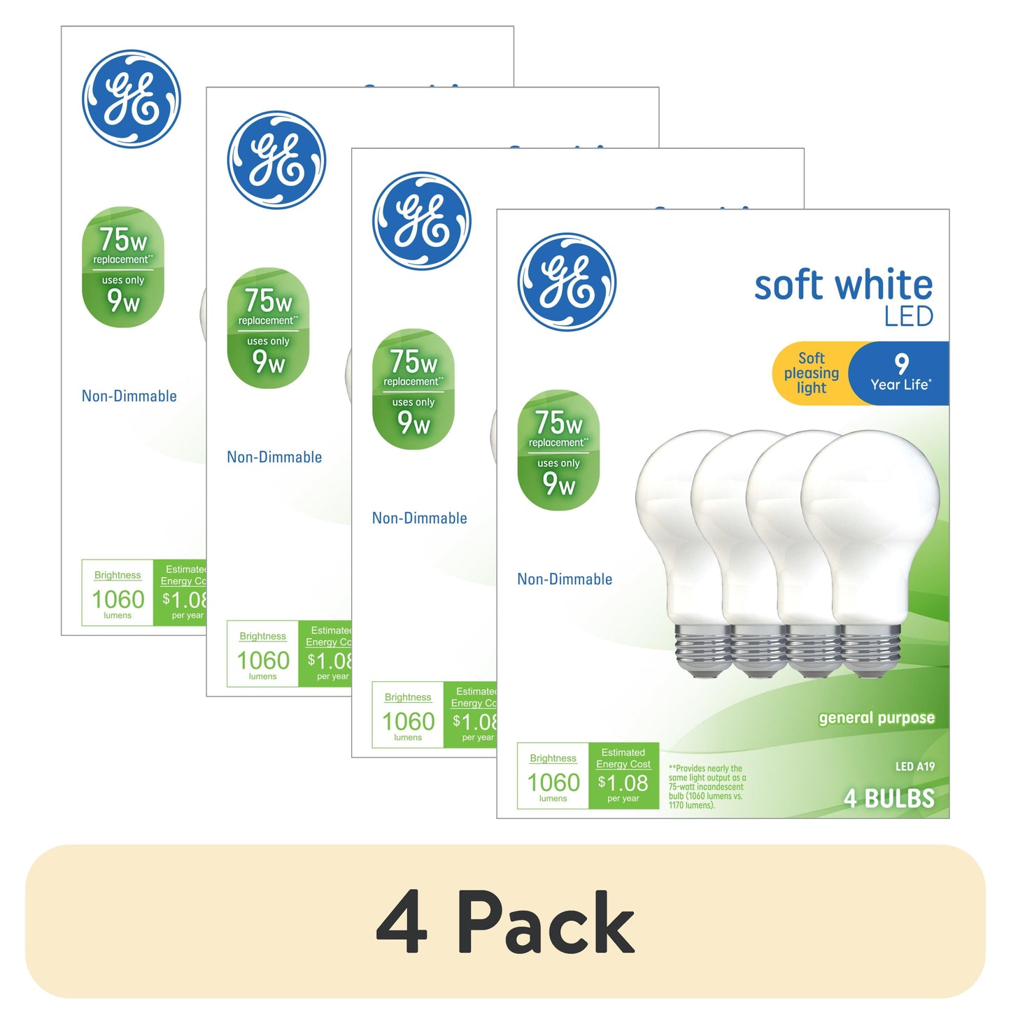 (4 pack) GE LED Light Bulbs, 75 Watt, Soft White, A19 Bulbs, Medium Base, Frosted Finish, 9yr, 4pk