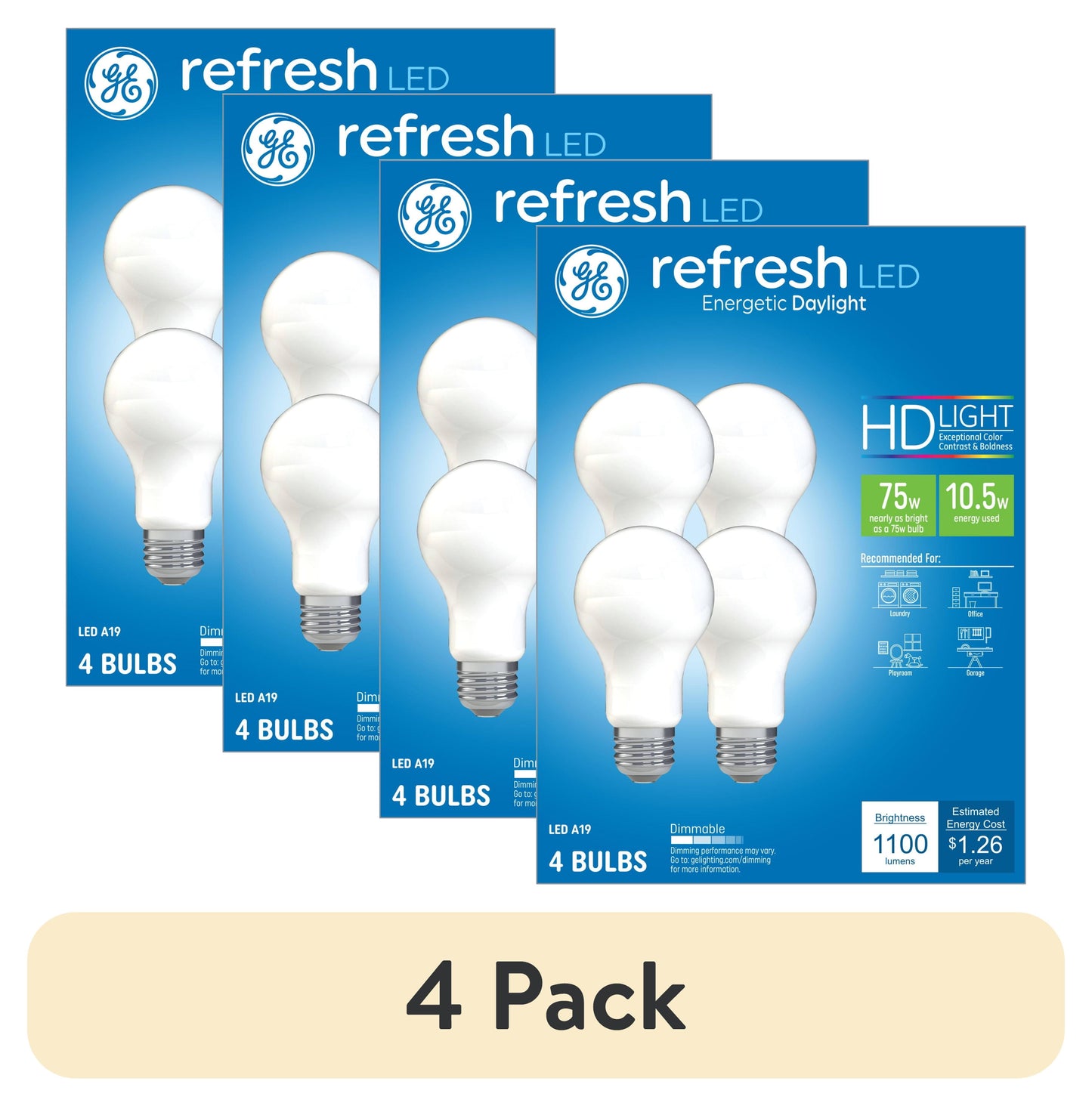 (4 pack) GE Refresh HD LED 75 Watt Replacement, Daylight, A19 General Purpose Bulbs (4 Pack)
