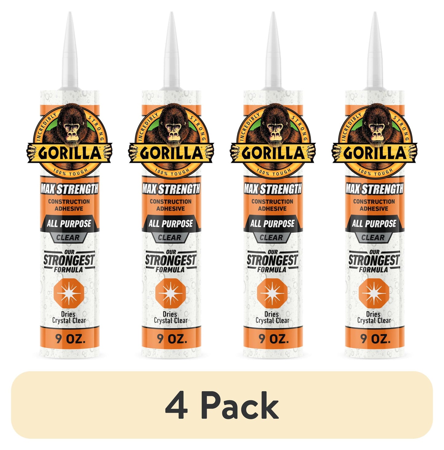 (4 pack) Gorilla Glue Clear Max Strength Construction Adhesive, 9 Ounce Size Cartridge, 1 Count. Model 8212302