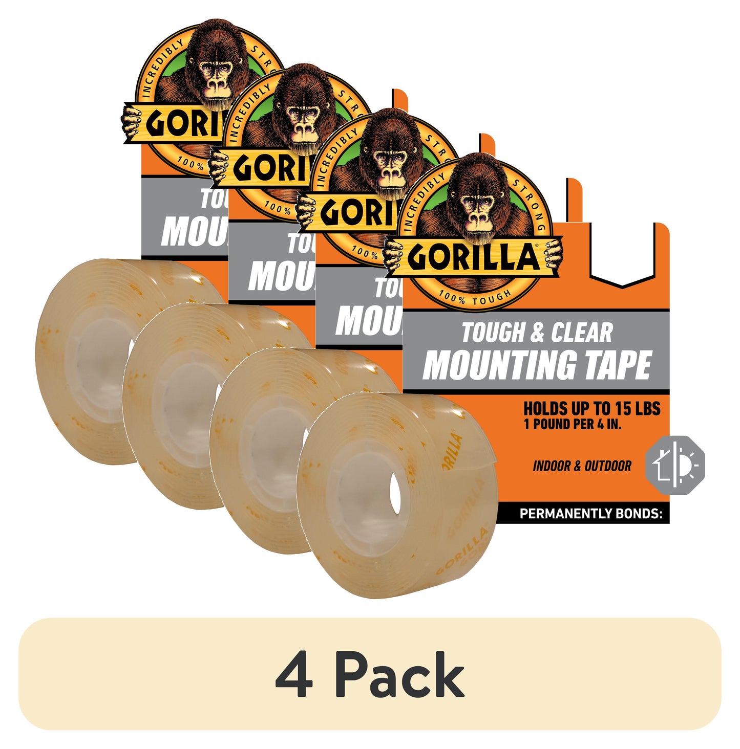 (4 pack) Gorilla Clear Mounting Tape 60in Roll