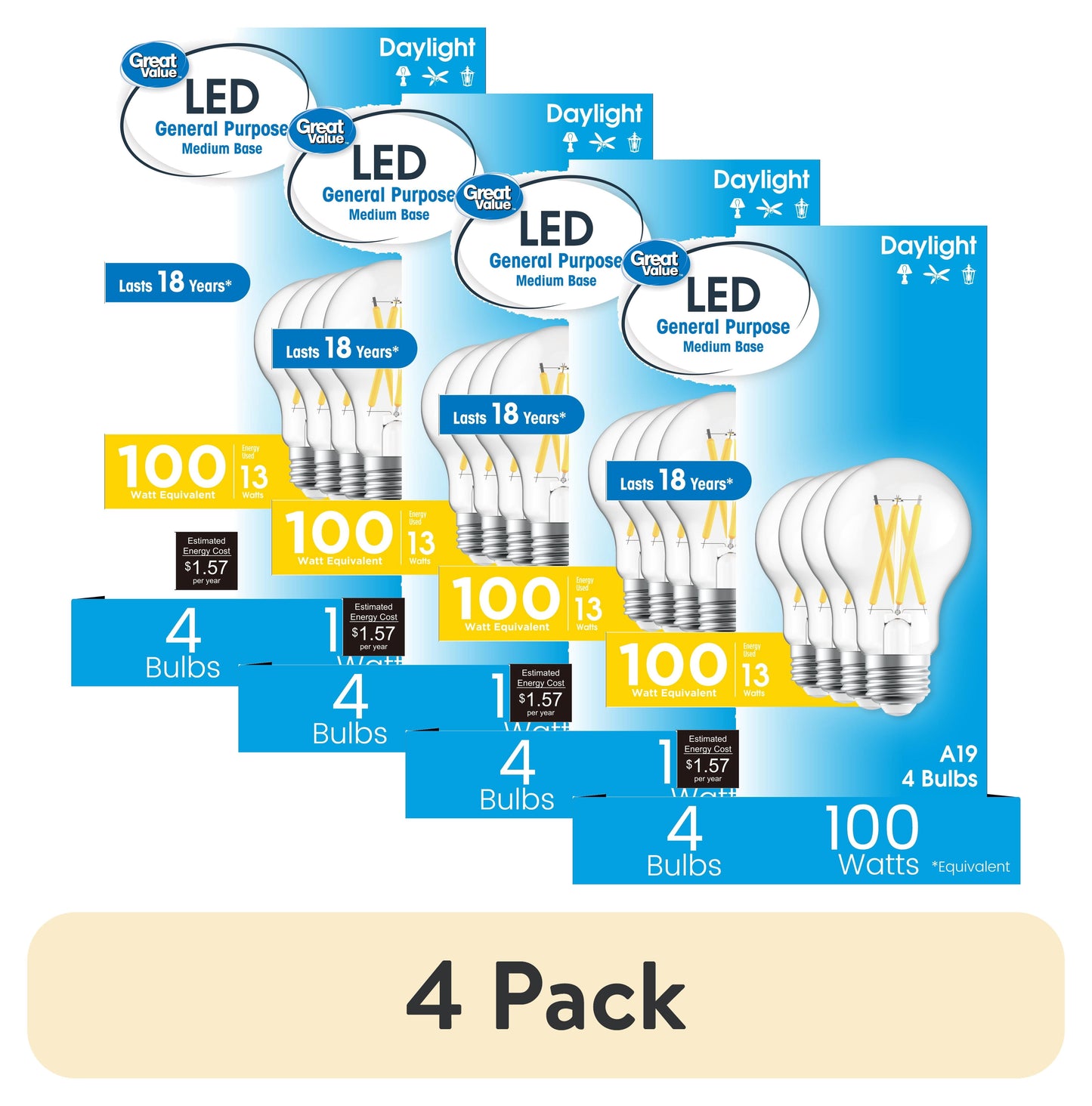 (4 pack) Great Value 18YR A19 LED Light Bulb, 13W (100W Equivalent) Daylight Dimmable E26 Medium Base (4 Pack)