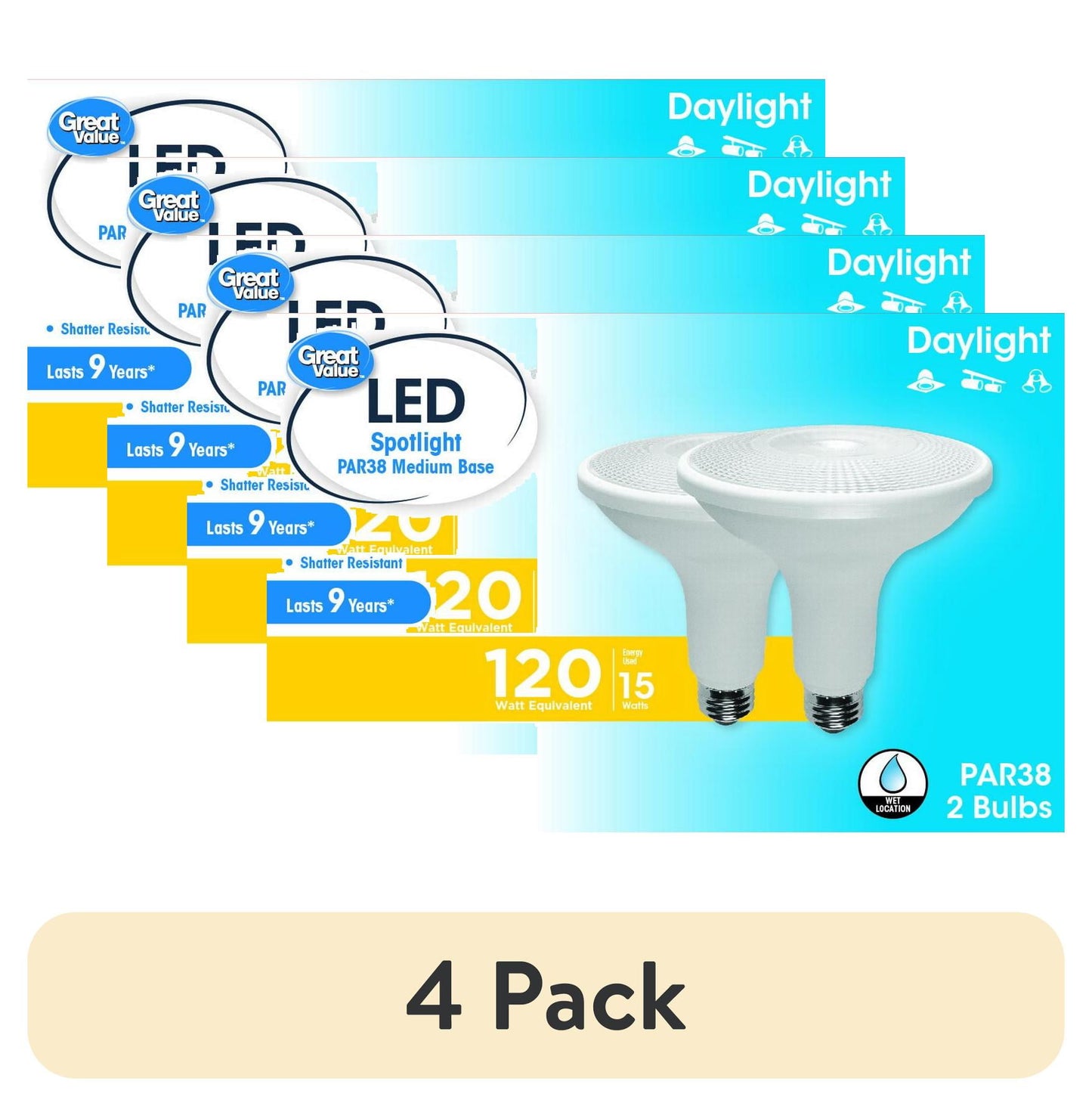 (4 pack) Great Value LED Light Bulb, 15 Watts (120W Equivalent) PAR38 Floodlight Lamp E26 Medium Base, Dimmable, Daylight, 2-Pack