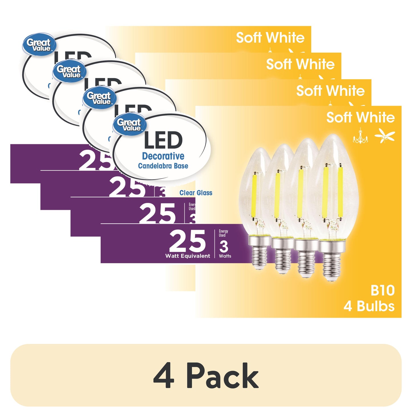 (4 pack) Great Value LED Light Bulb, 3W (25W Equivalent) B10 Deco Lamp E12 Candelabra Base, Dimmable, Soft White, 4-Pack